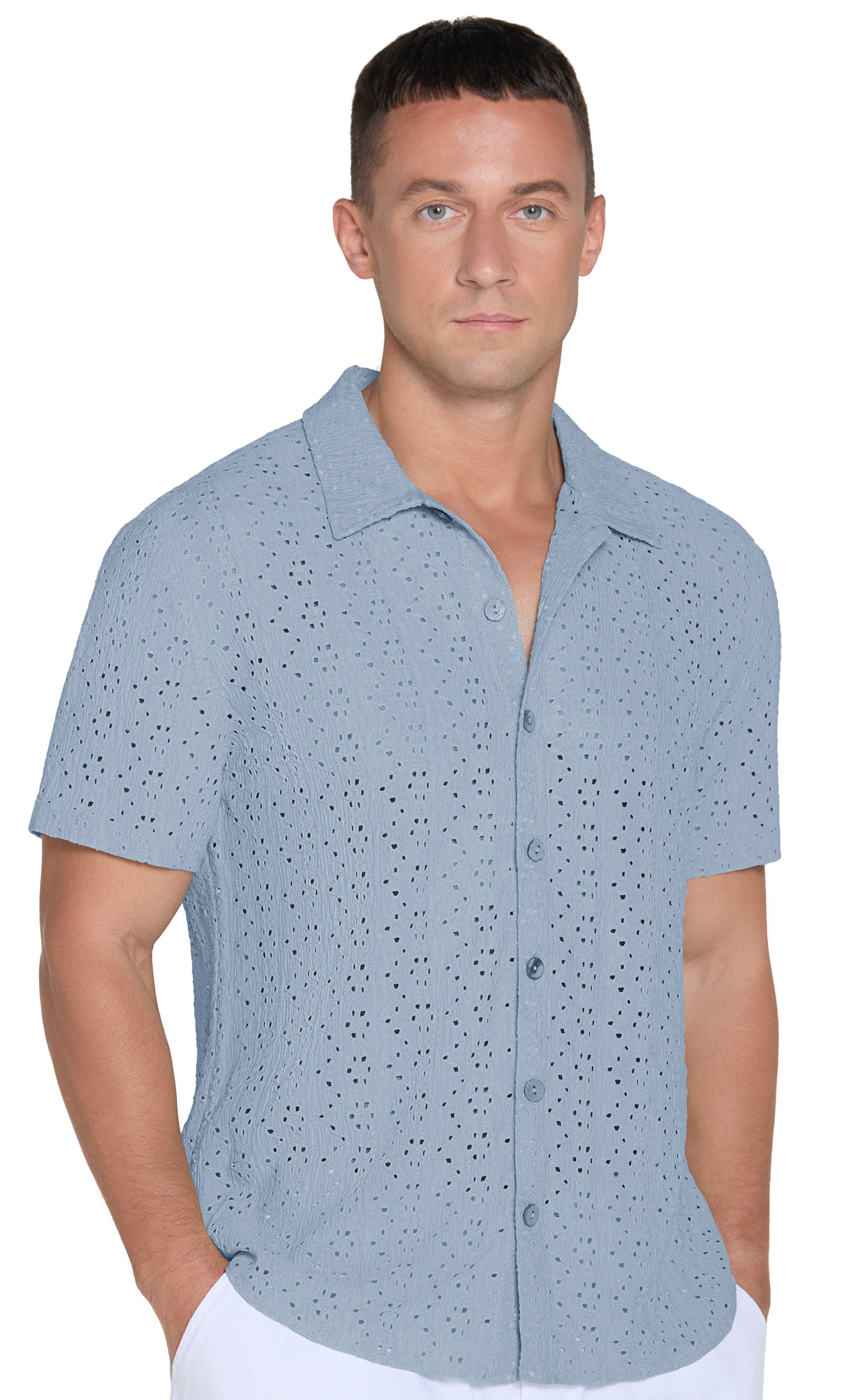 QDG Men's Short Sleeve Button-Up Shirt Cuban Collar Hollow Out Texture Casual Summer Beach Vacation Shirt