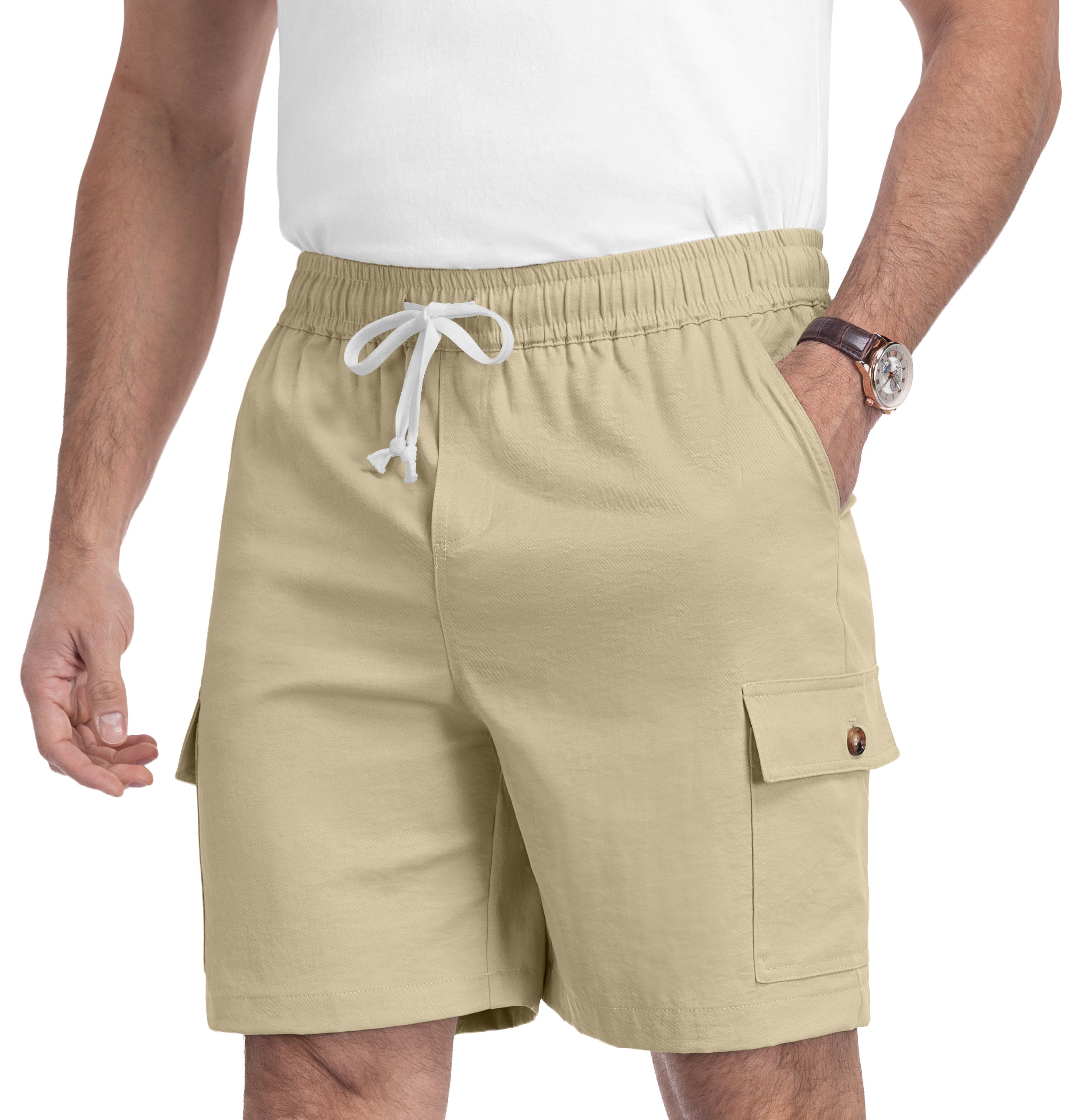 QDG Men's Relaxed Fit Cargo Shorts with Drawstring Elastic Waist Multi-Pocket for Daily Hiking Work