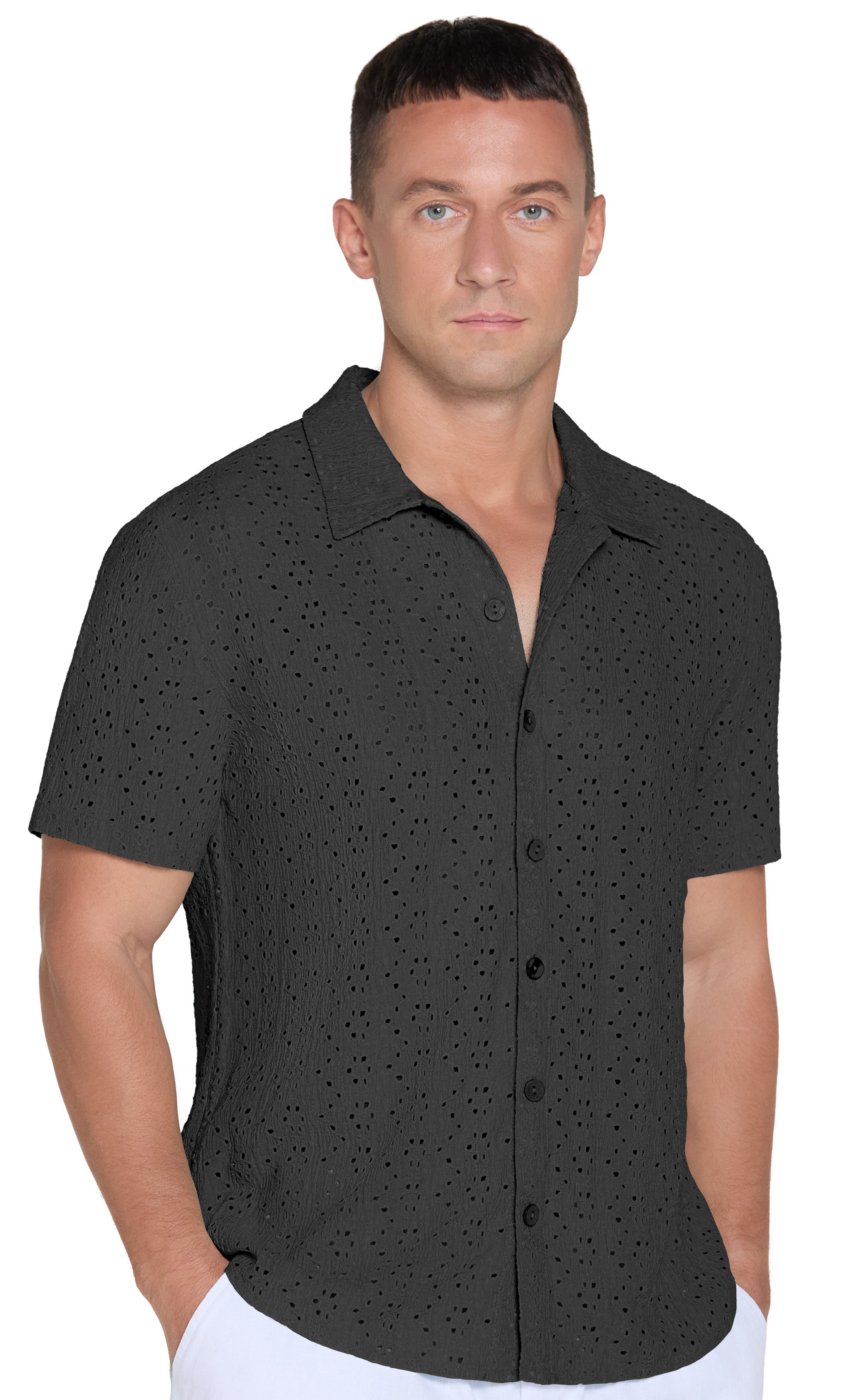 QDG Men's Short Sleeve Button-Up Shirt Cuban Collar Hollow Out Texture Casual Summer Beach Vacation Shirt
