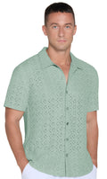 QDG Men's Short Sleeve Button-Up Shirt Cuban Collar Hollow Out Texture Casual Summer Beach Vacation Shirt