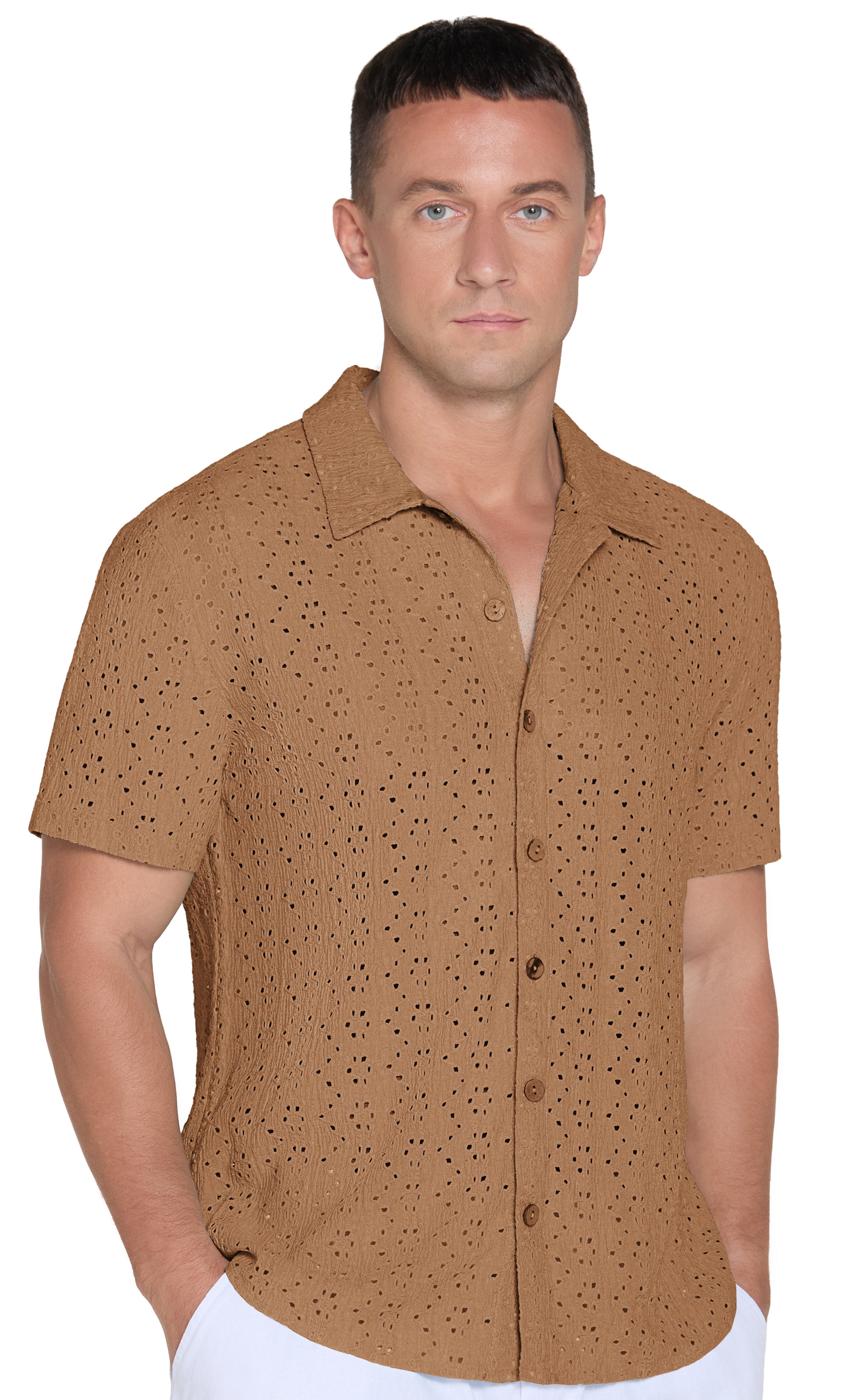 QDG Men's Short Sleeve Button-Up Shirt Cuban Collar Hollow Out Texture Casual Summer Beach Vacation Shirt