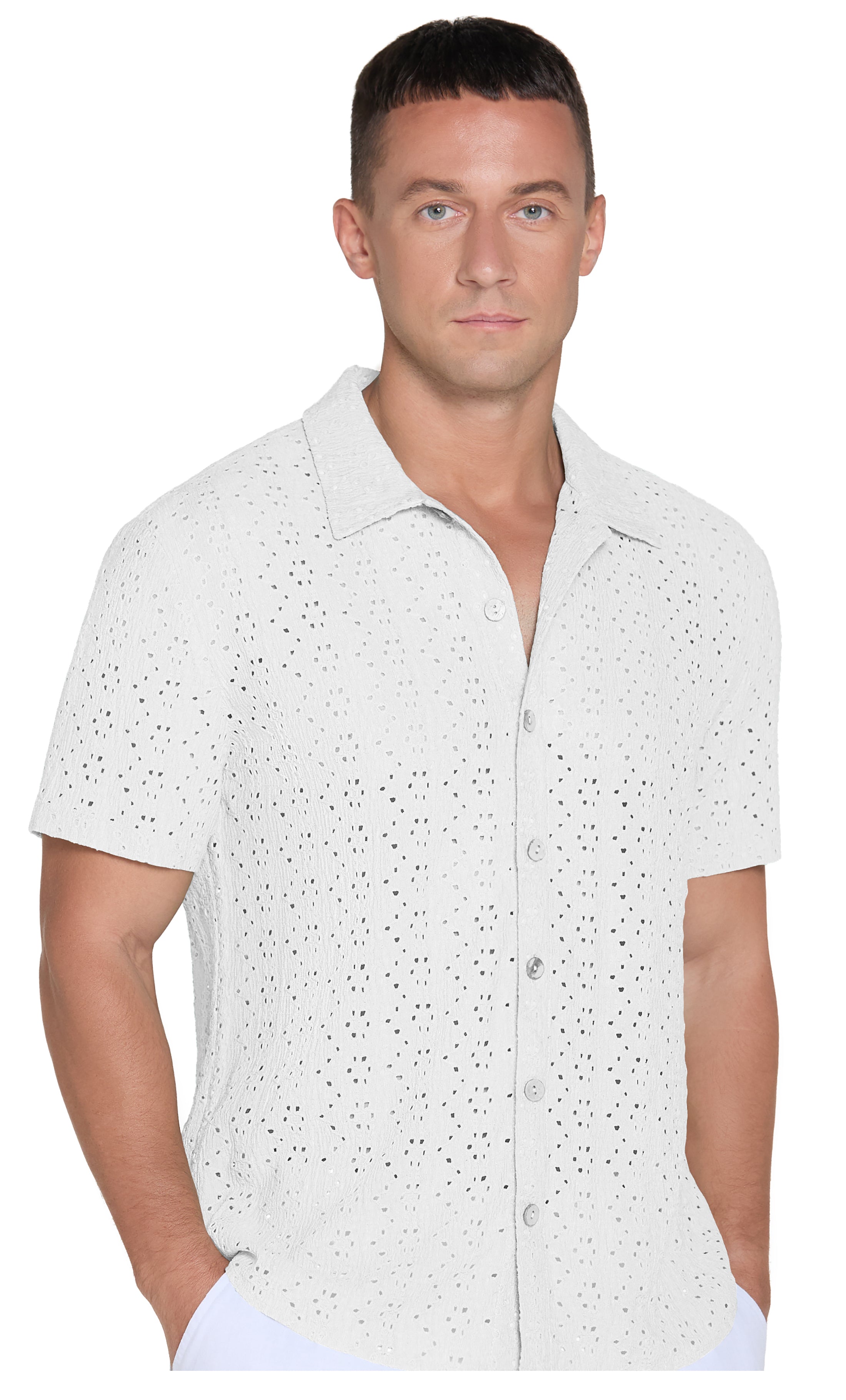 QDG Men's Short Sleeve Button-Up Shirt Cuban Collar Hollow Out Texture Casual Summer Beach Vacation Shirt