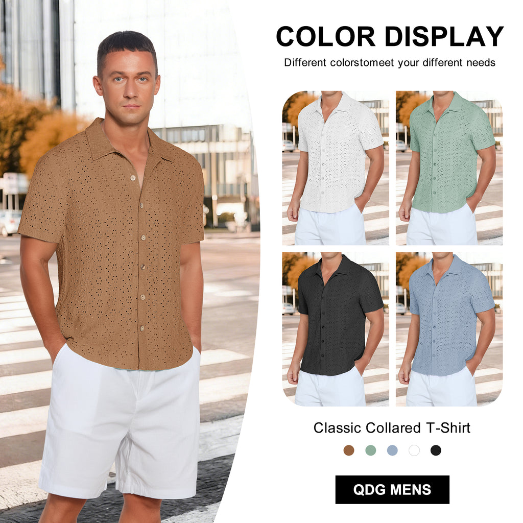 QDG Men's Short Sleeve Button-Up Shirt Cuban Collar Hollow Out Texture Casual Summer Beach Vacation Shirt