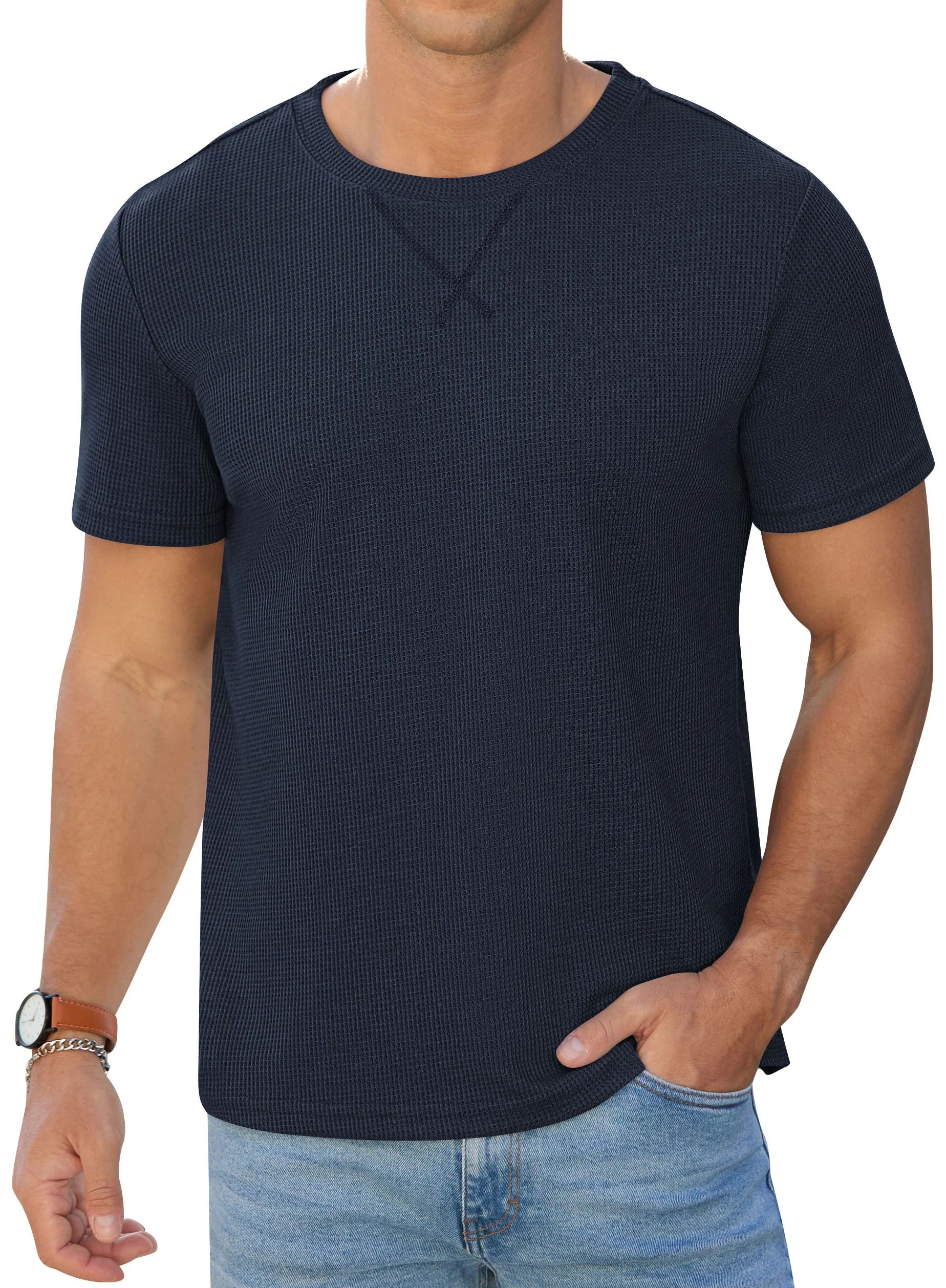 QDG Mens Waffle Shirt Crew Neck Short Sleeve Casual T-Shirt