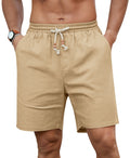 QDG Mens Linen Shorts Casual Elastic Waist Drawstring Summer Beach Shorts Pockets Classic Fit