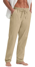 QDG Mens Cotton Linen Pants Elastic Waist Drawstring Loose Casual Summer Beach Pants