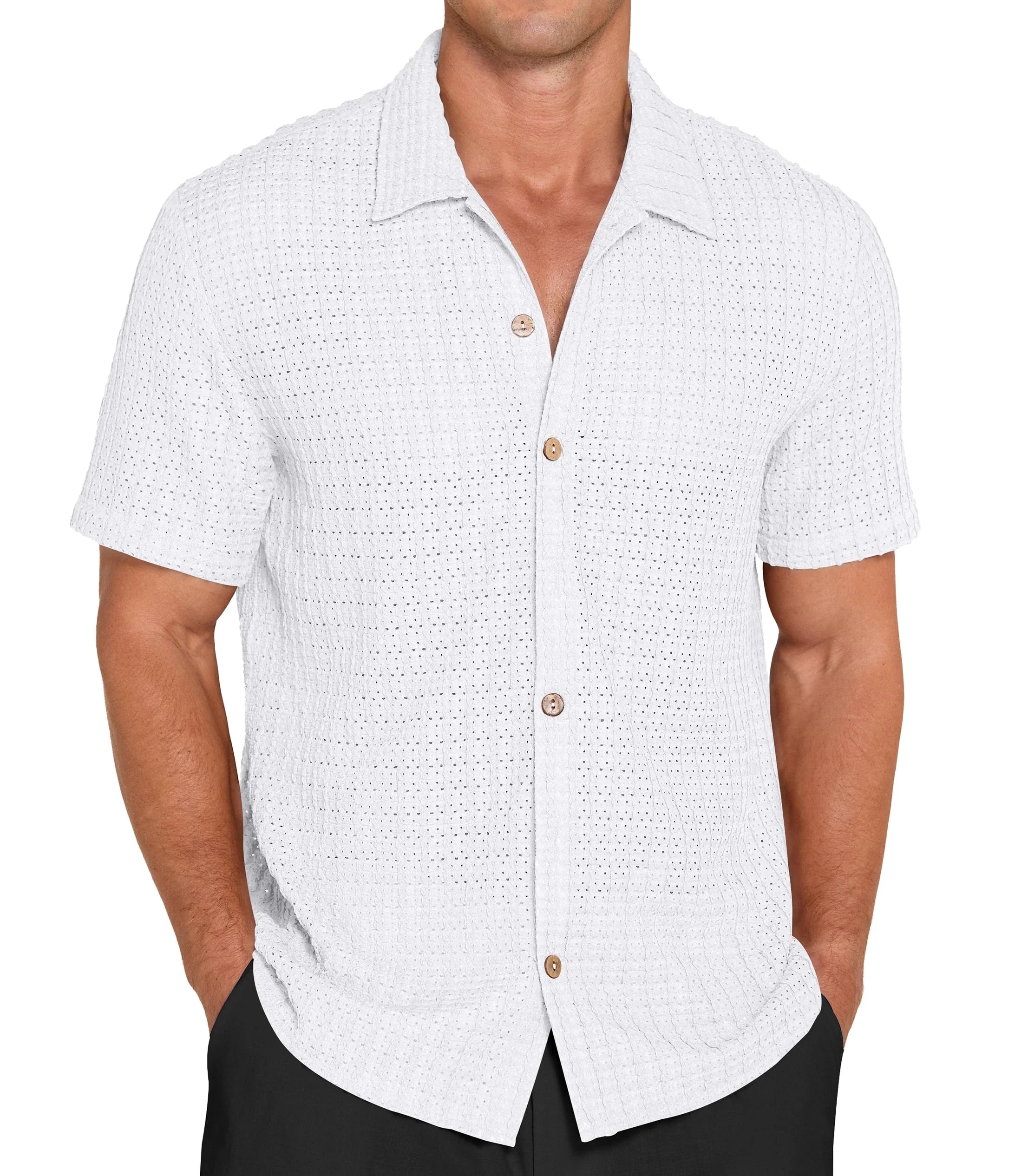QDG Mens Casual Button Down Shirts Short Sleeve Summer Beach Shirts Crochet Guayabera Shirts Hollow Out Tops
