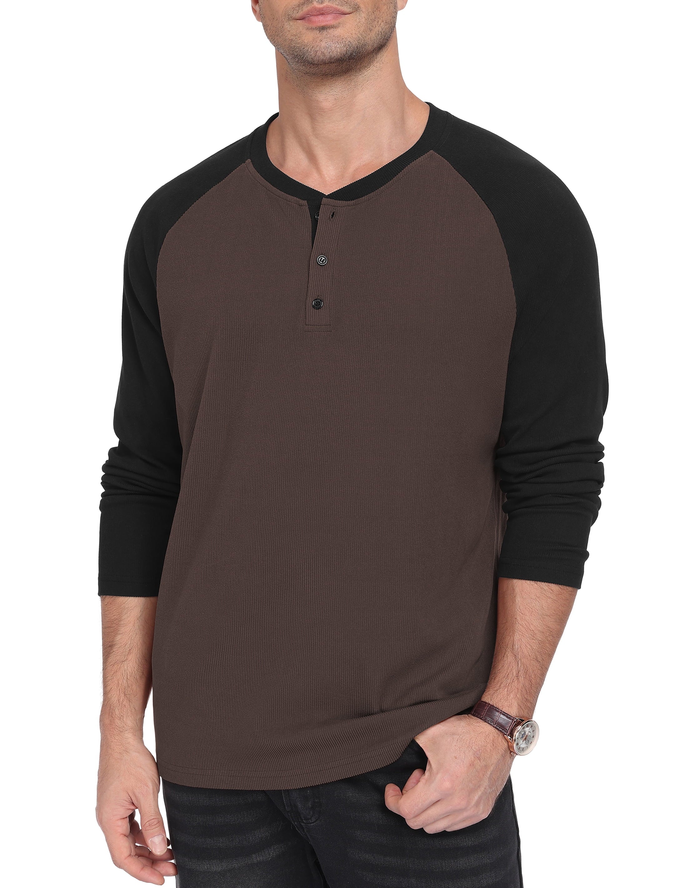 QDG Men's Henley Shirt Color Block Raglan Long Sleeve Slim Fit Casual Tee Shirt