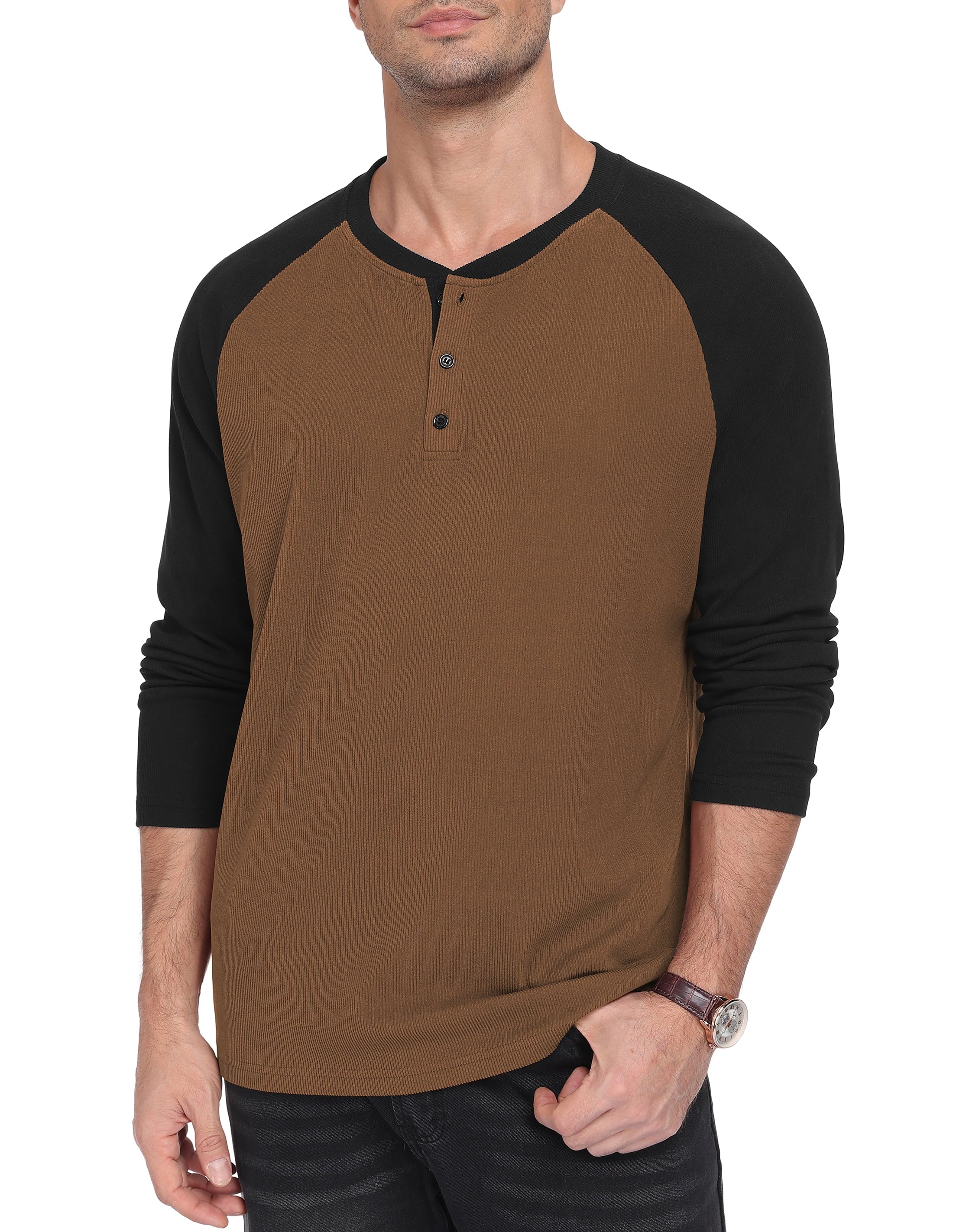 QDG Men's Henley Shirt Color Block Raglan Long Sleeve Slim Fit Casual Tee Shirt