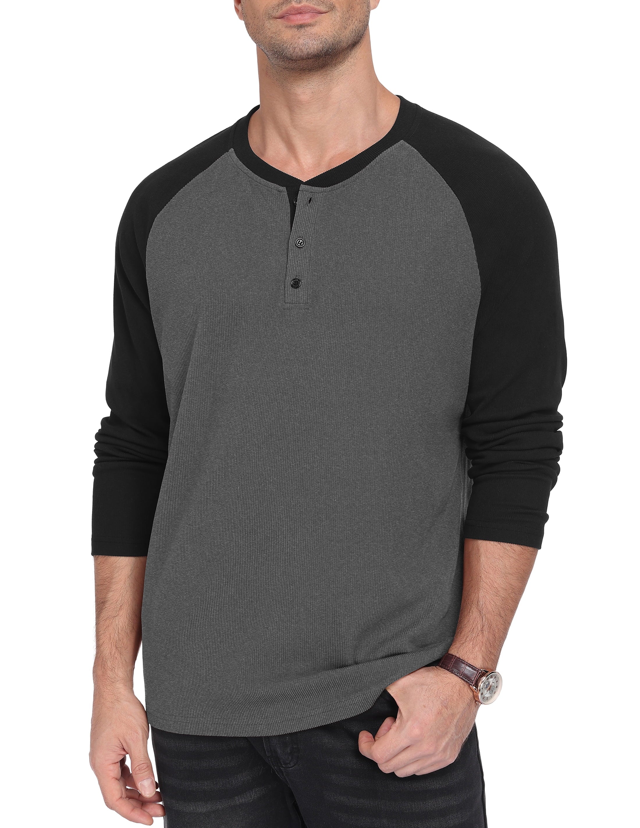 QDG Men's Henley Shirt Color Block Raglan Long Sleeve Slim Fit Casual Tee Shirt