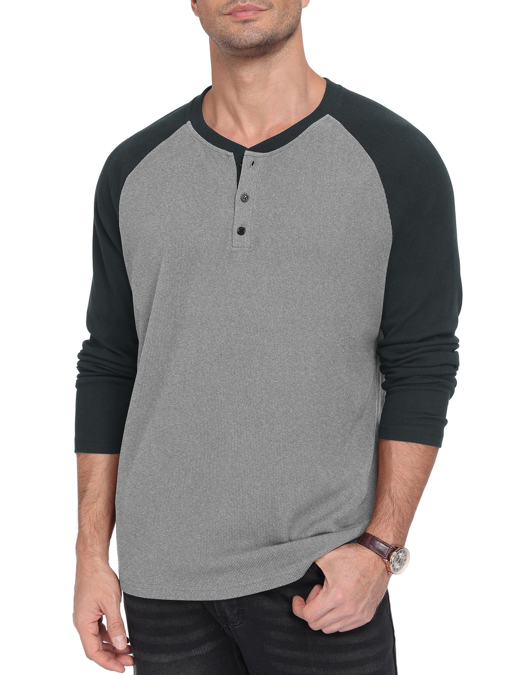 QDG Men's Henley Shirt Color Block Raglan Long Sleeve Slim Fit Casual Tee Shirt