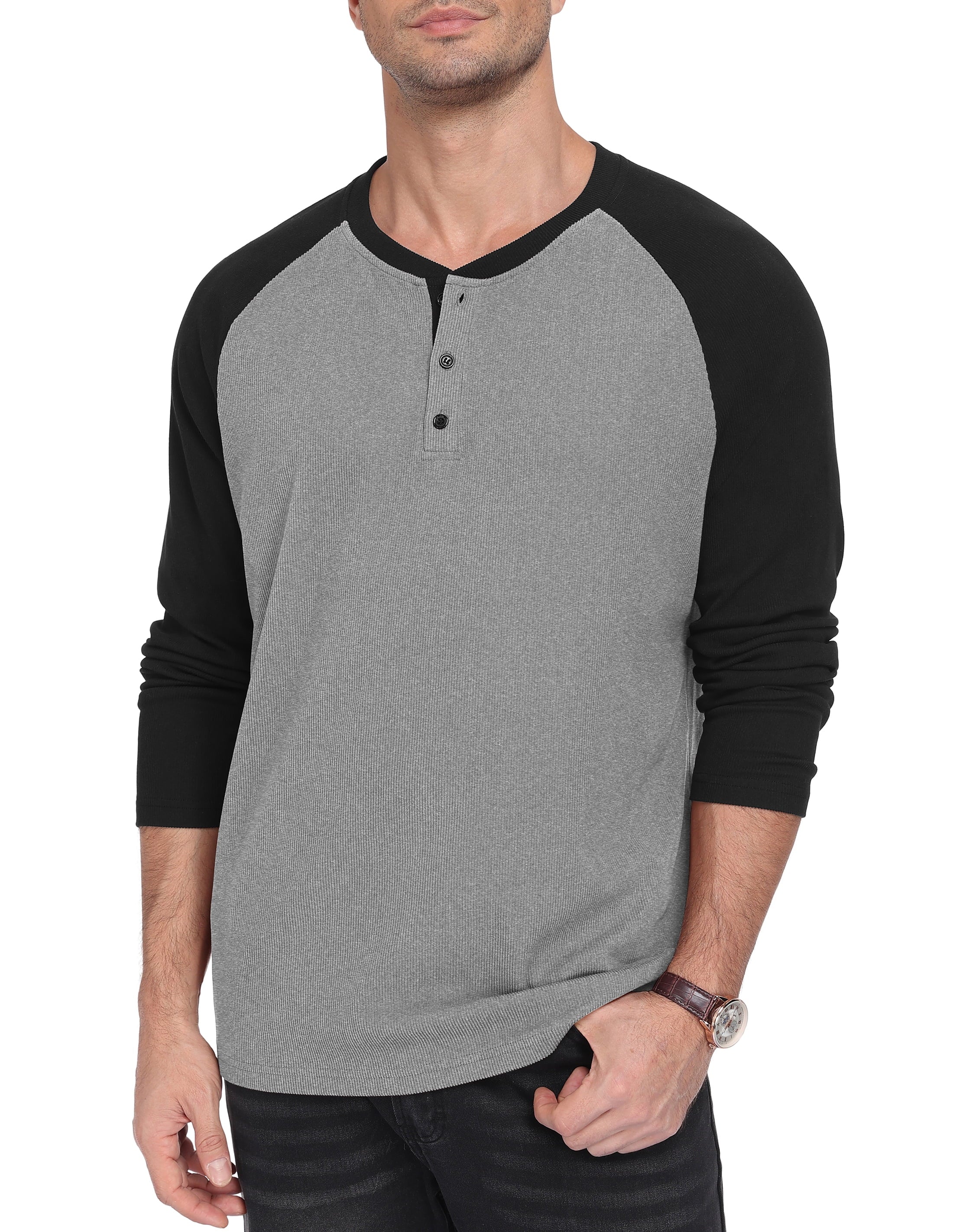QDG Men's Henley Shirt Color Block Raglan Long Sleeve Slim Fit Casual Tee Shirt