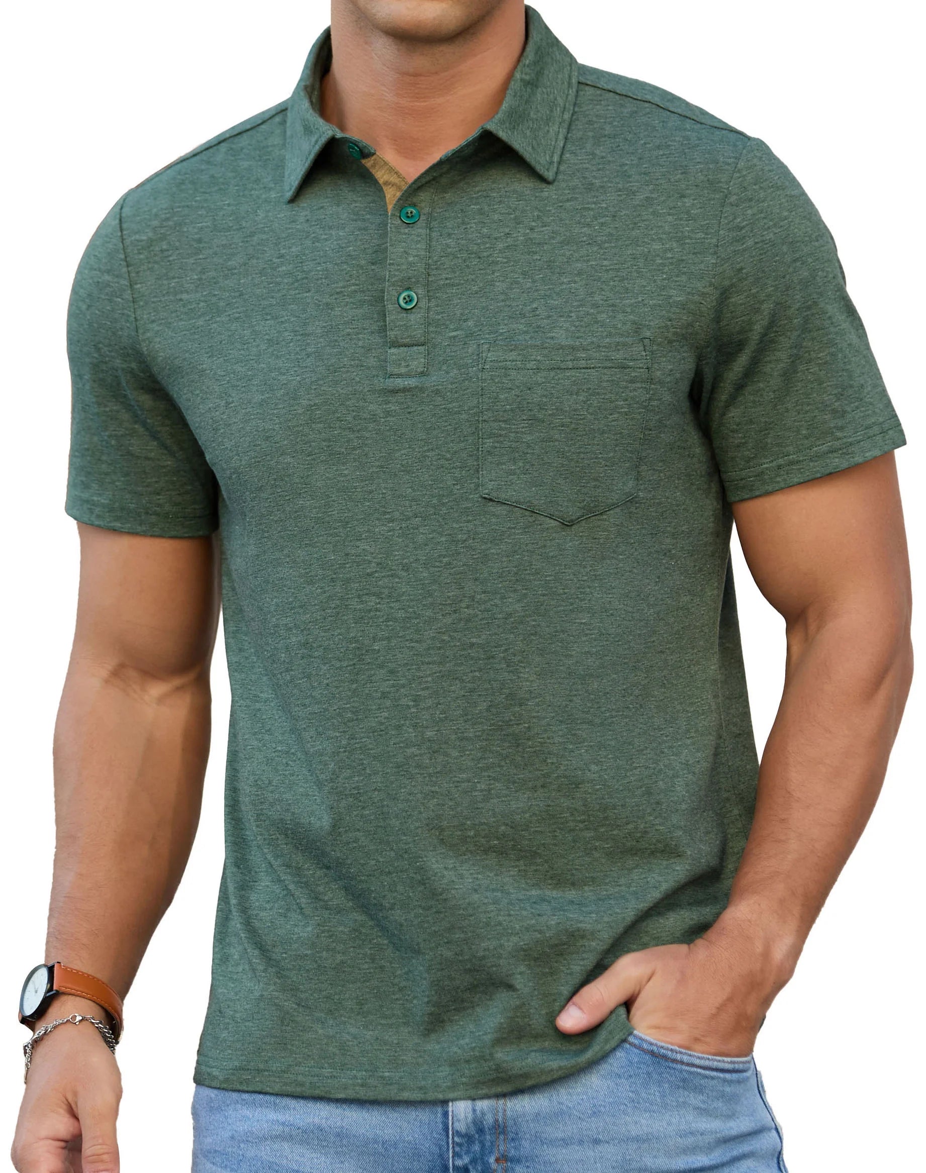 QDG Mens Polo Short Sleeve Shirt Casual Button Polo T Shirt with Pocket Designed Collared Golf Shirt