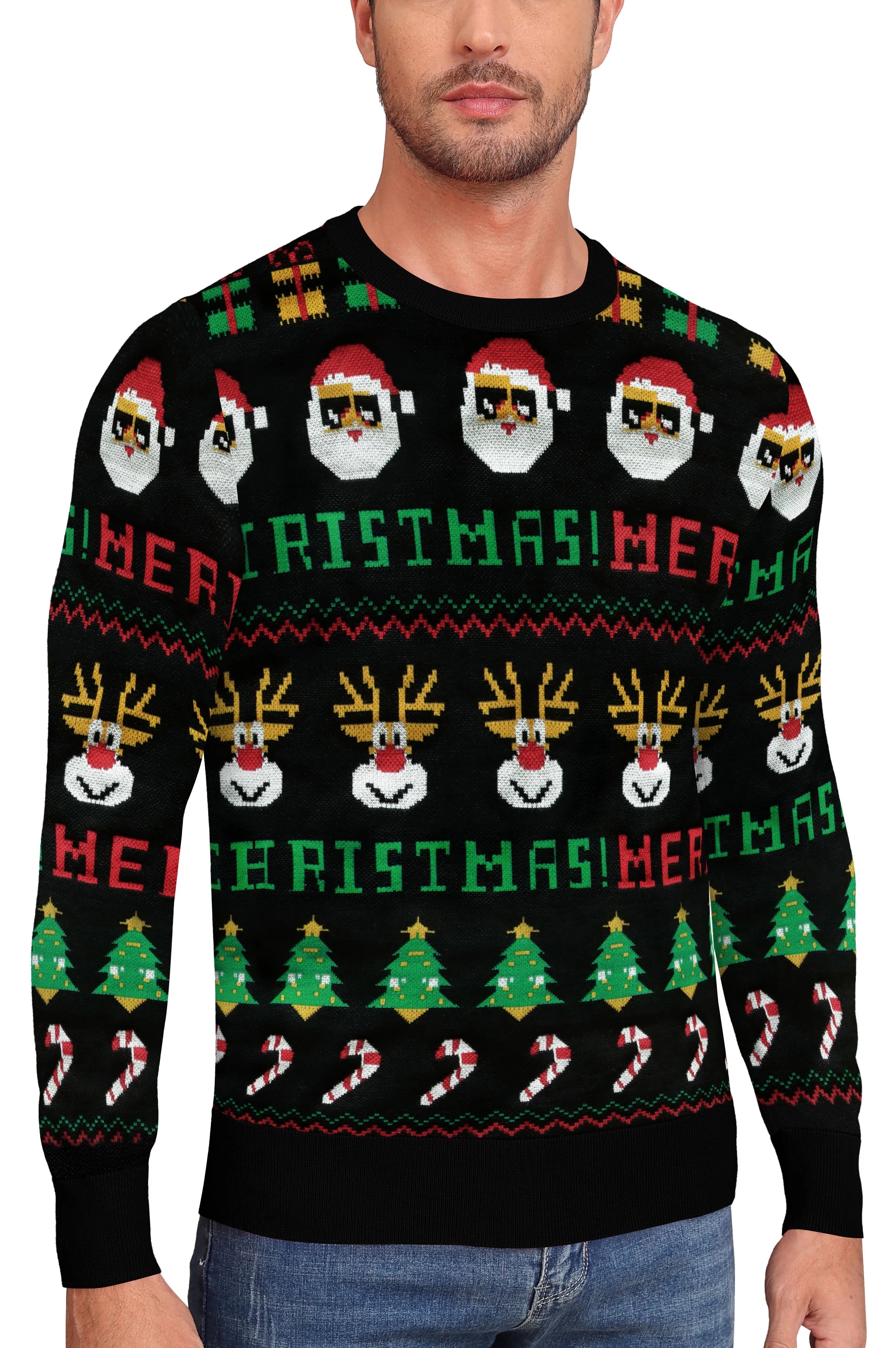 QDG Mens Ugly Christmas Sweater Reindeer Snowflakes Funny Fairisle Pullover Knit Crewneck
