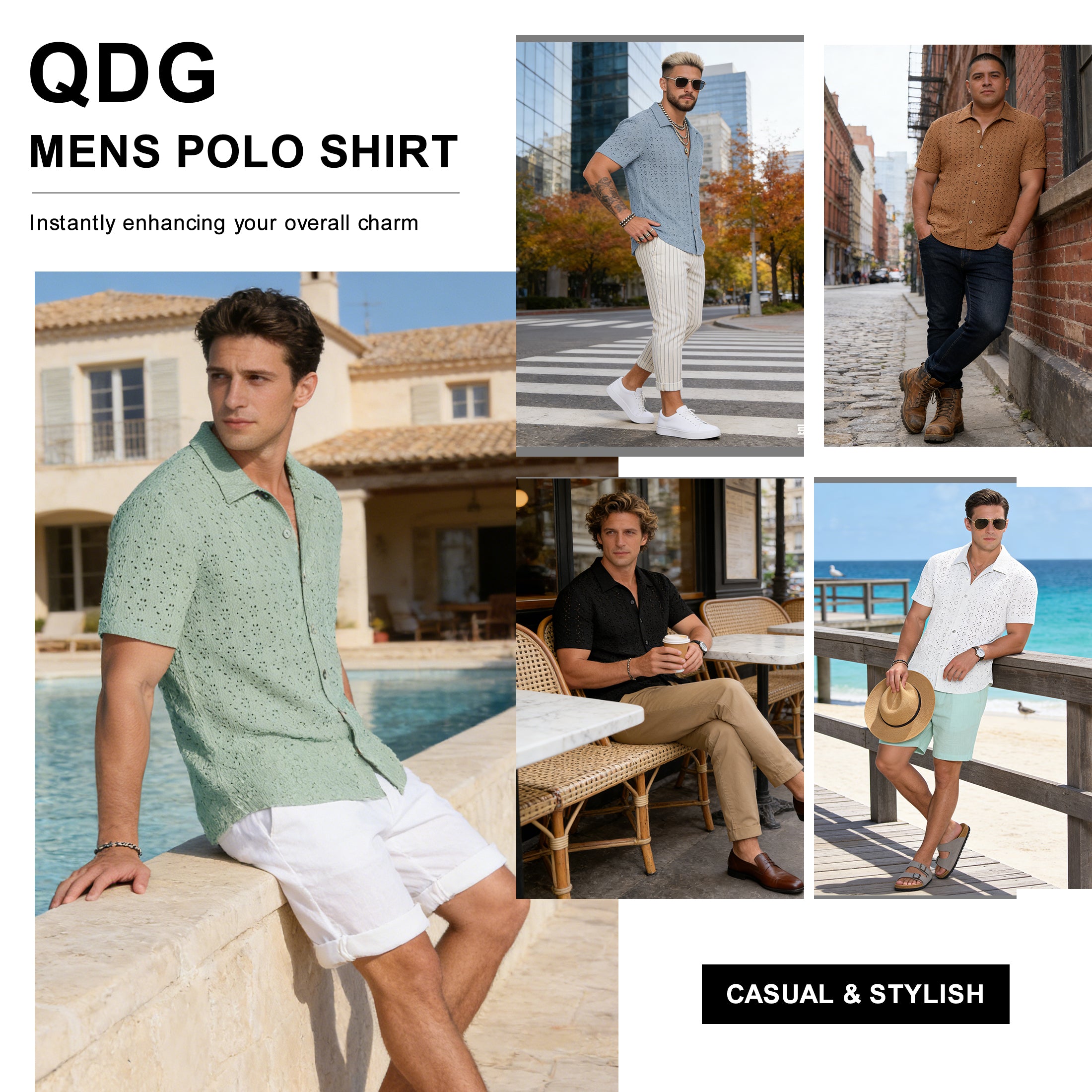 QDG Men's Short Sleeve Button-Up Shirt Cuban Collar Hollow Out Texture Casual Summer Beach Vacation Shirt