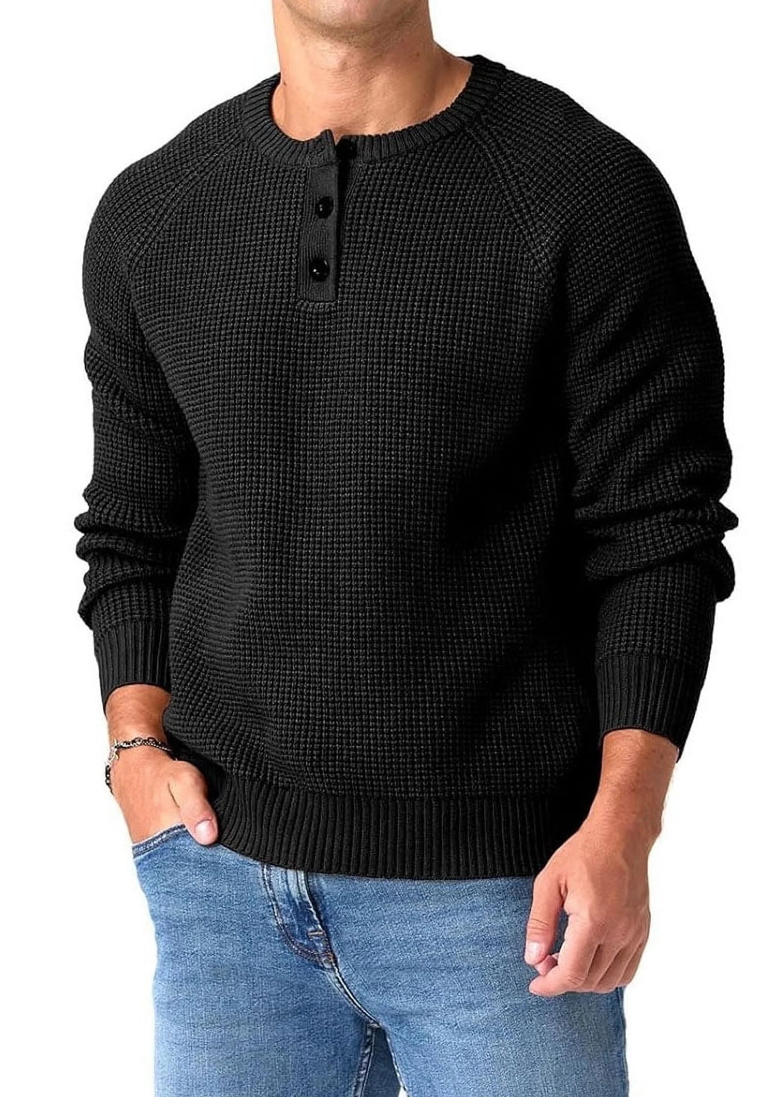QDG Mens Henley Knit Pullover Sweater Waffle Crewneck Casual Texture Fashion Sweater
