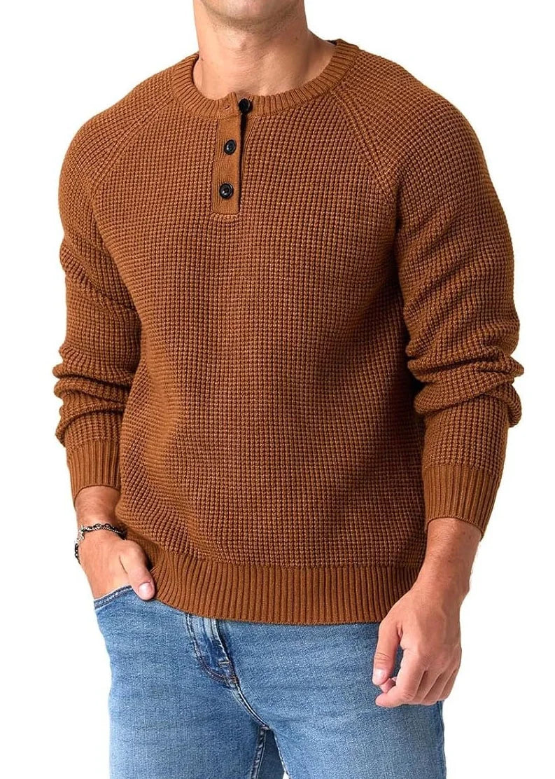 QDG Mens Henley Knit Pullover Sweater Waffle Crewneck Casual Texture Fashion Sweater
