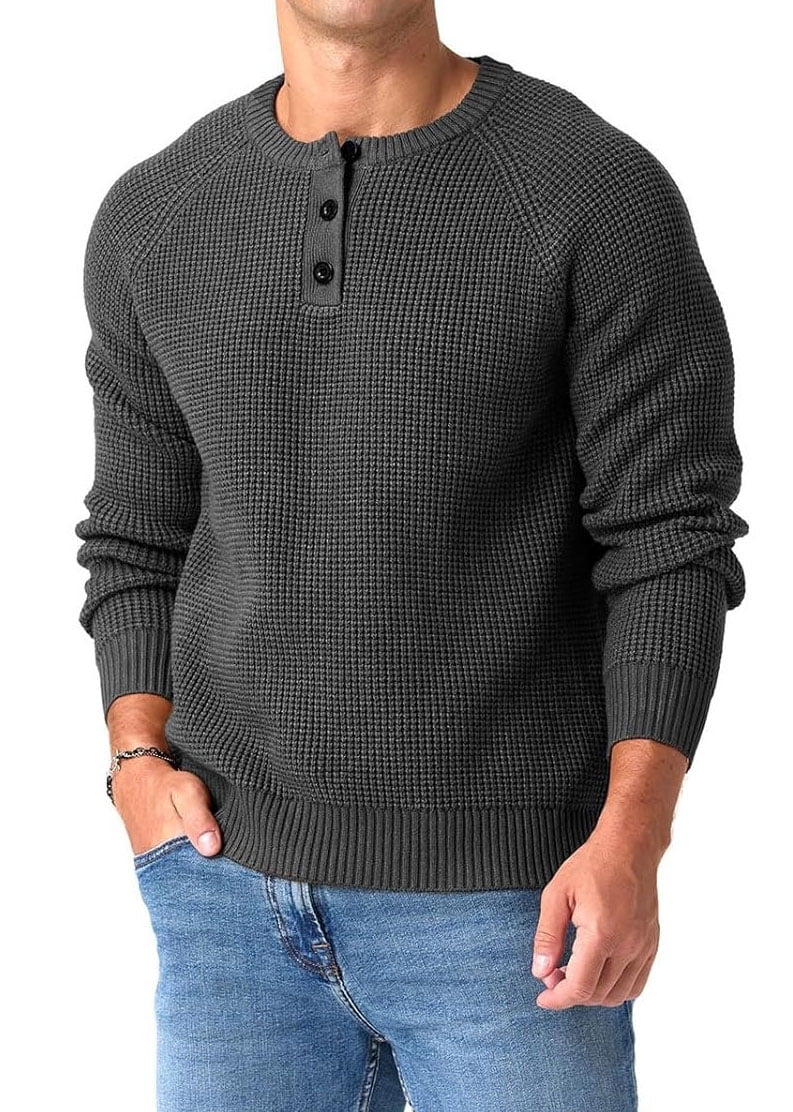 QDG Mens Henley Knit Pullover Sweater Waffle Crewneck Casual Texture Fashion Sweater