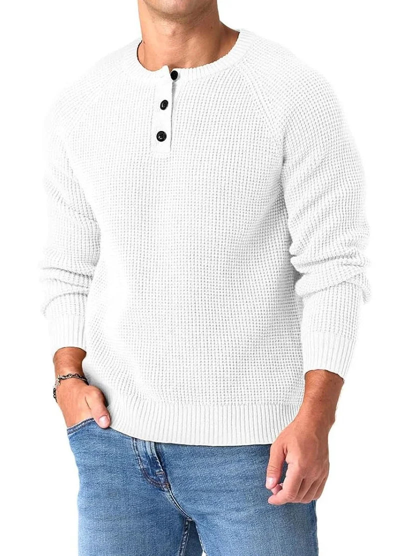 QDG Mens Henley Knit Pullover Sweater Waffle Crewneck Casual Texture Fashion Sweater