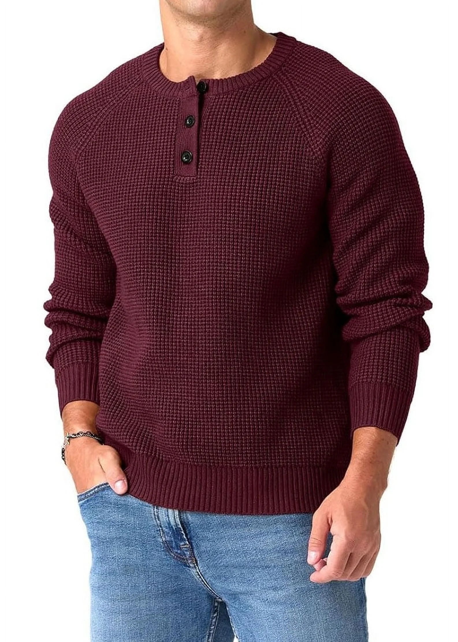 QDG Mens Henley Knit Pullover Sweater Waffle Crewneck Casual Texture Fashion Sweater