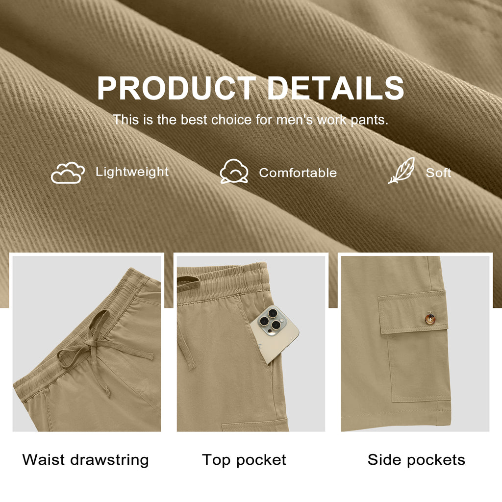 QDG Men's Relaxed Fit Cargo Shorts with Drawstring Elastic Waist Multi-Pocket for Daily Hiking Work