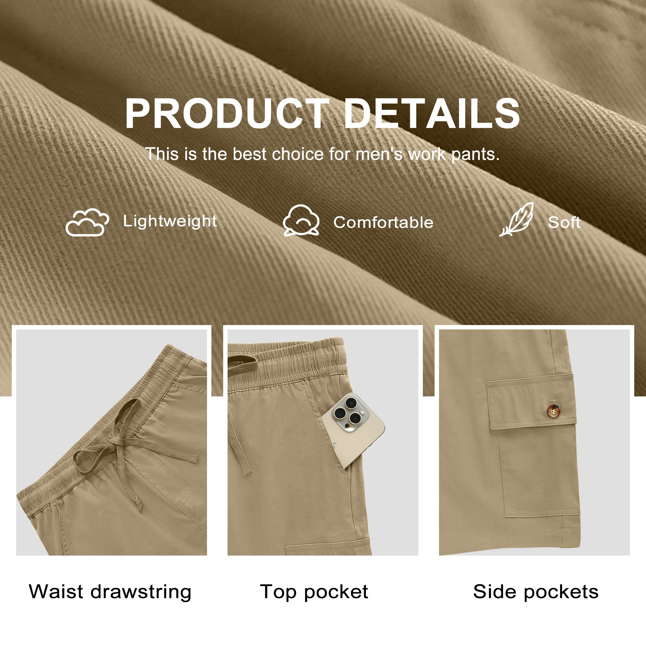 QDG Men's Relaxed Fit Cargo Shorts with Drawstring Elastic Waist Multi-Pocket for Daily Hiking Work
