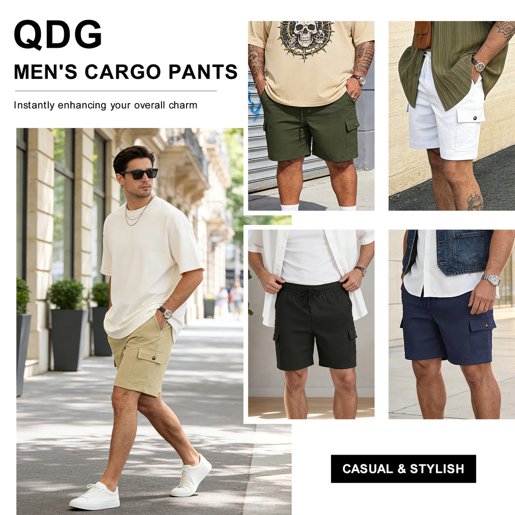 QDG Men's Relaxed Fit Cargo Shorts with Drawstring Elastic Waist Multi-Pocket for Daily Hiking Work