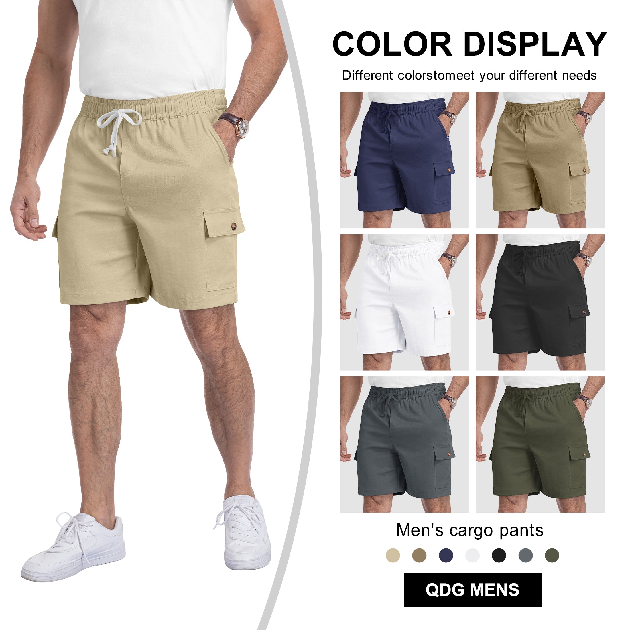 QDG Men's Relaxed Fit Cargo Shorts with Drawstring Elastic Waist Multi-Pocket for Daily Hiking Work