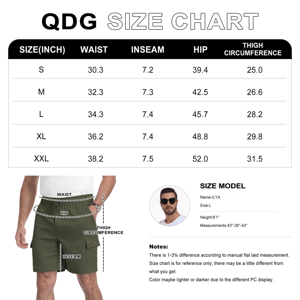QDG Men's Relaxed Fit Cargo Shorts with Drawstring Elastic Waist Multi-Pocket for Daily Hiking Work
