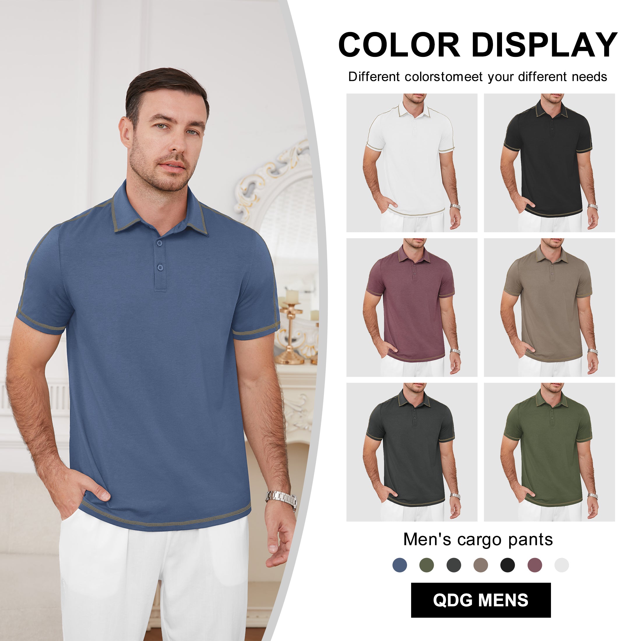 QDG Men's Short Sleeve Polo Shirts Casual Collared Comfortable Fit Ideal for Daily & Golf Wear