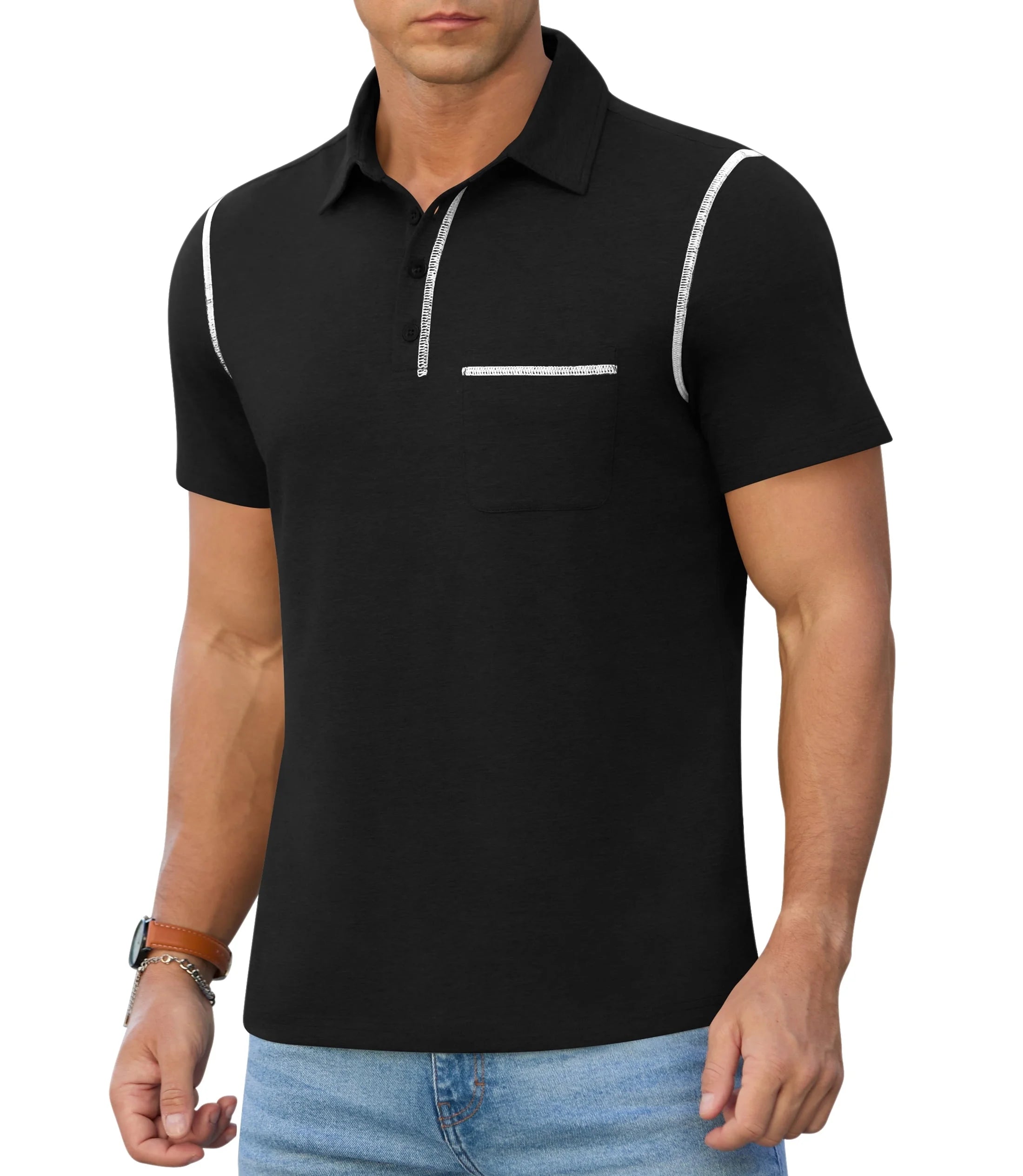 QDG Mens Polo Short Sleeve Shirt Casual Summer Classic Collared T-Shirt Basic Button Tee with Pocket BLack S