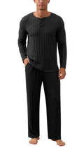 QDG Men's Pajama Set Soft Henley Neck Long Sleeve Top and Pants Brushed Ribbed Lounge Sleep Sets