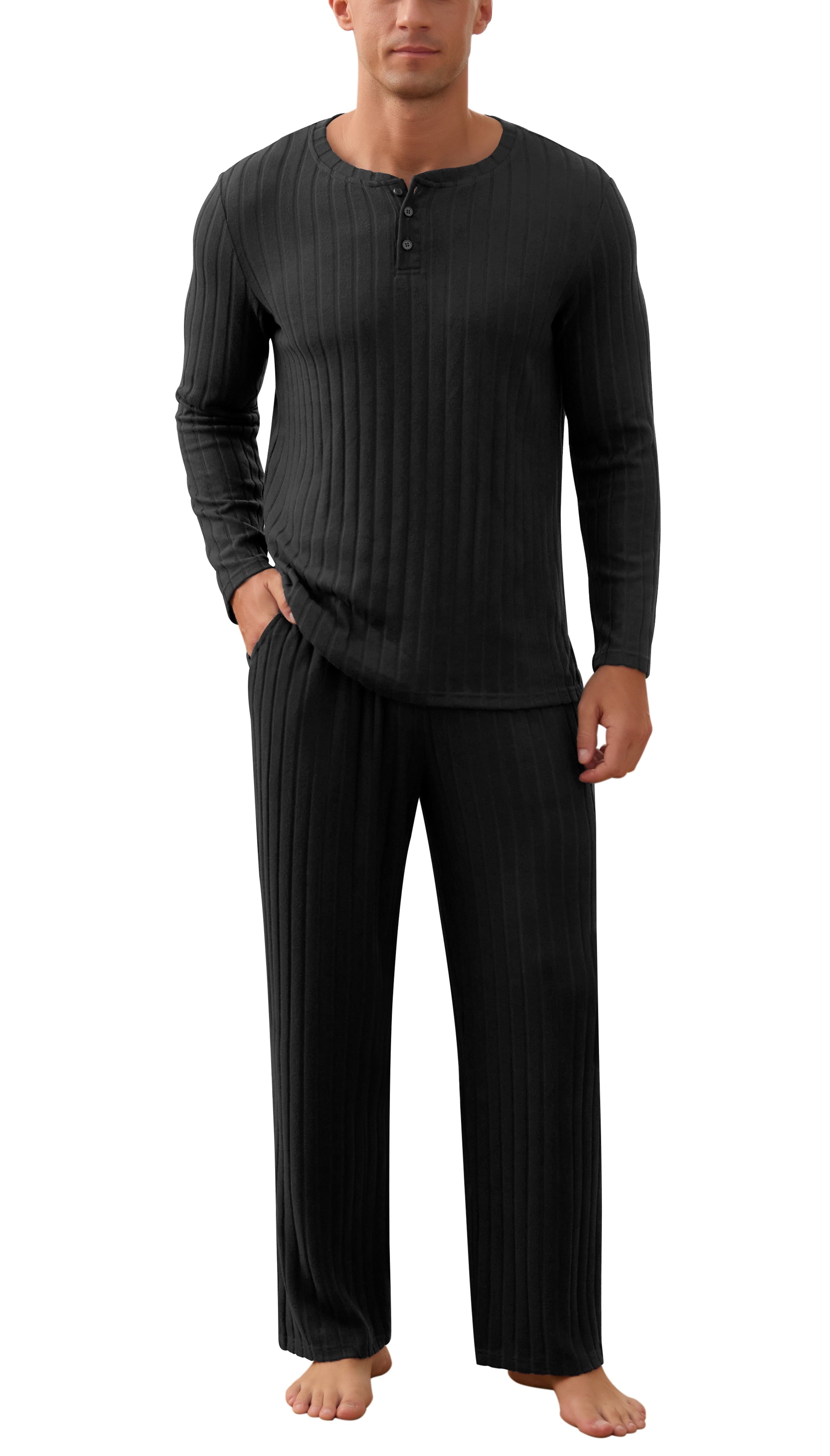 QDG Men's Pajama Set Soft Henley Neck Long Sleeve Top and Pants Brushed Ribbed Lounge Sleep Sets