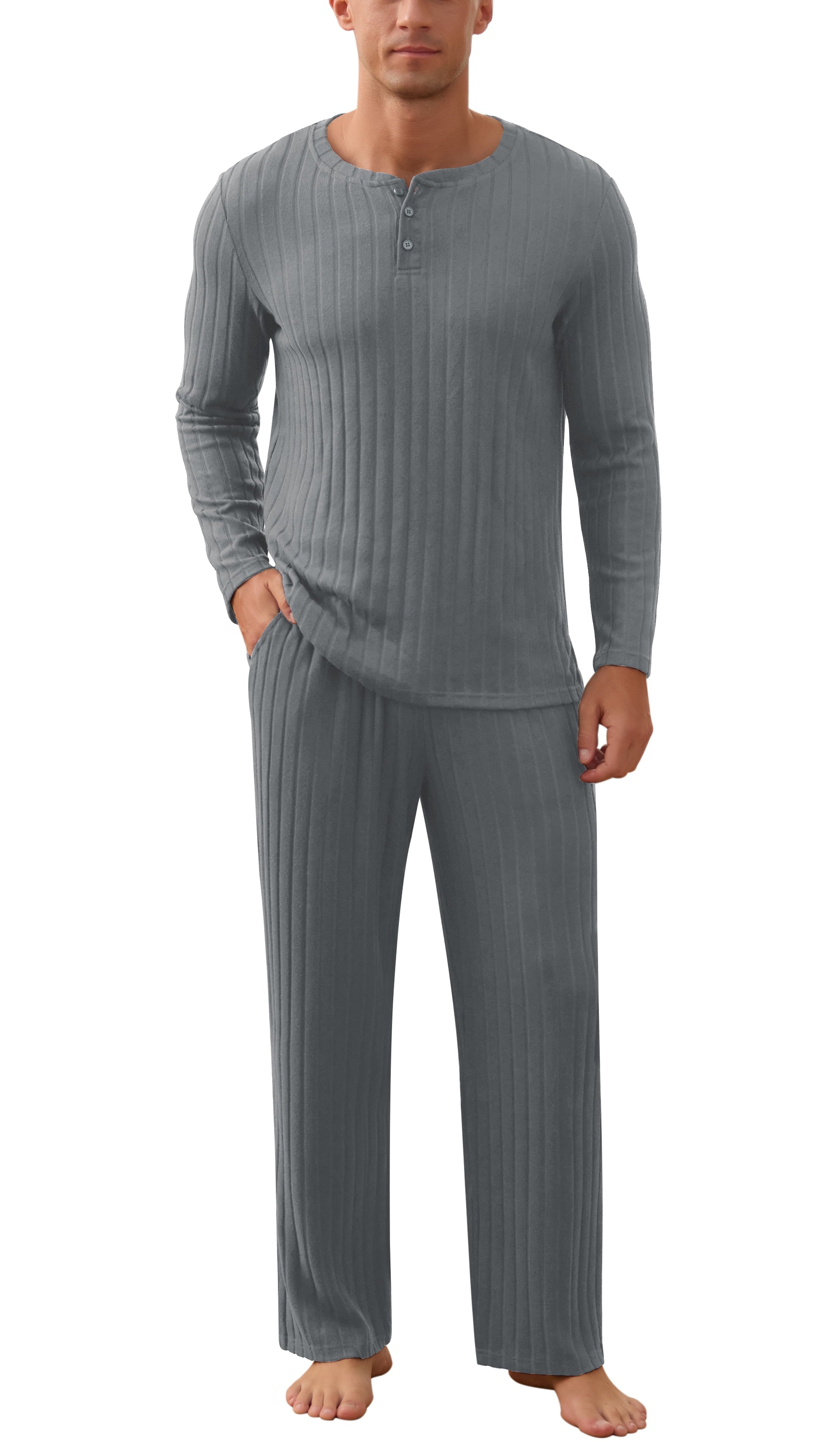 QDG Men's Pajama Set Soft Henley Neck Long Sleeve Top and Pants Brushed Ribbed Lounge Sleep Sets