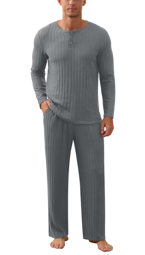 QDG Men's Pajama Set Soft Henley Neck Long Sleeve Top and Pants Brushed Ribbed Lounge Sleep Sets