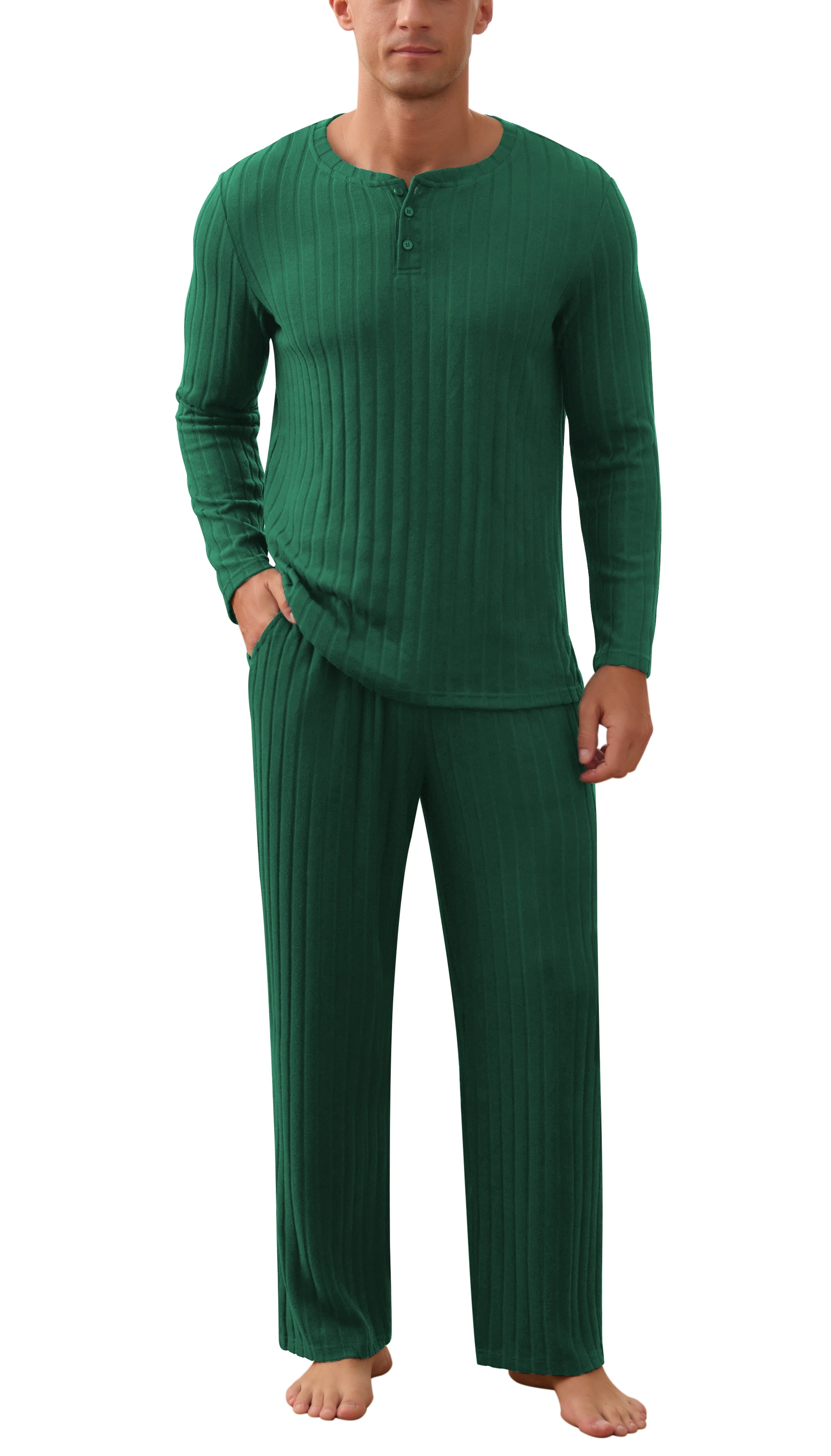 QDG Men's Pajama Set Soft Henley Neck Long Sleeve Top and Pants Brushed Ribbed Lounge Sleep Sets