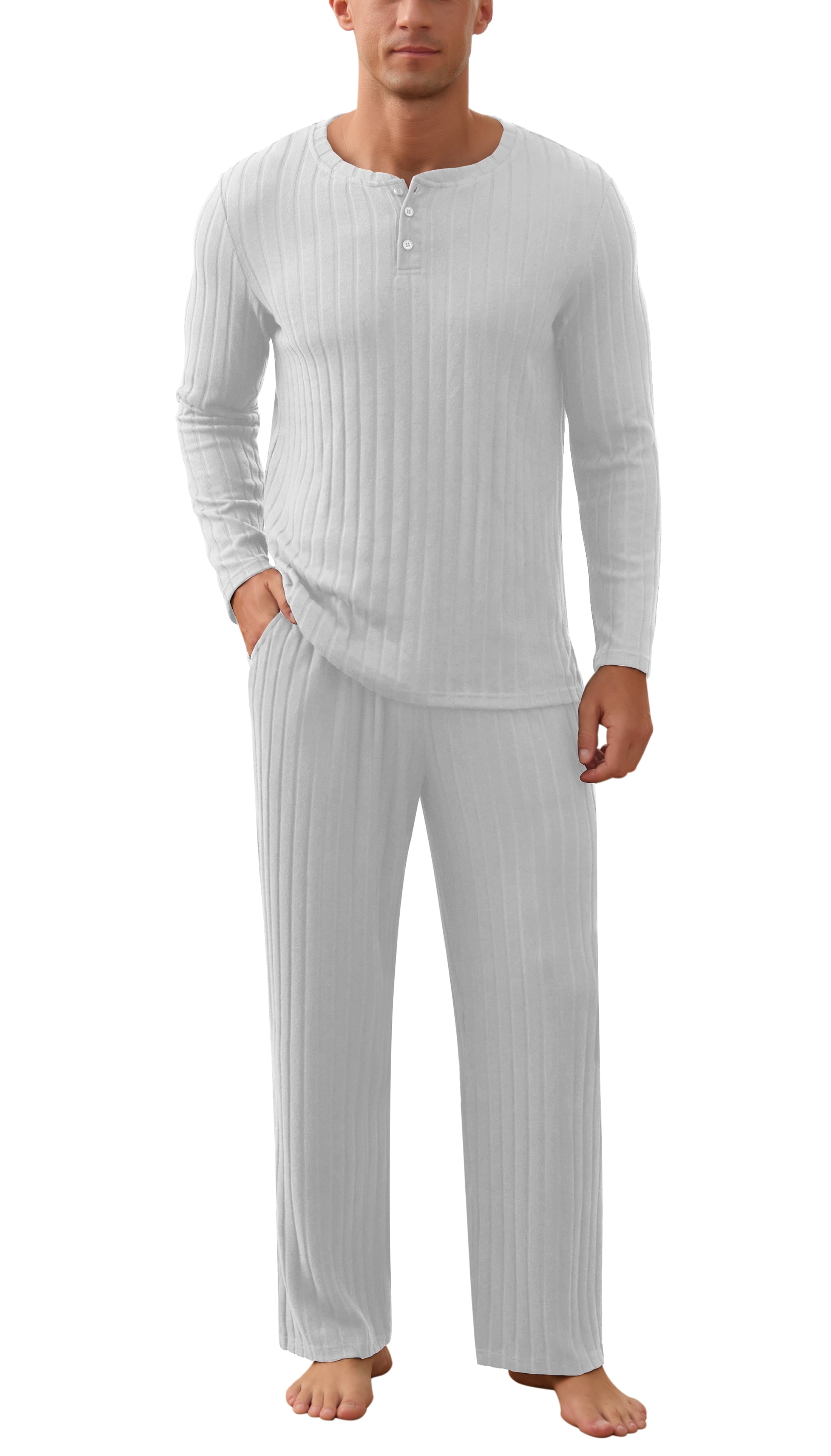 QDG Men's Pajama Set Soft Henley Neck Long Sleeve Top and Pants Brushed Ribbed Lounge Sleep Sets