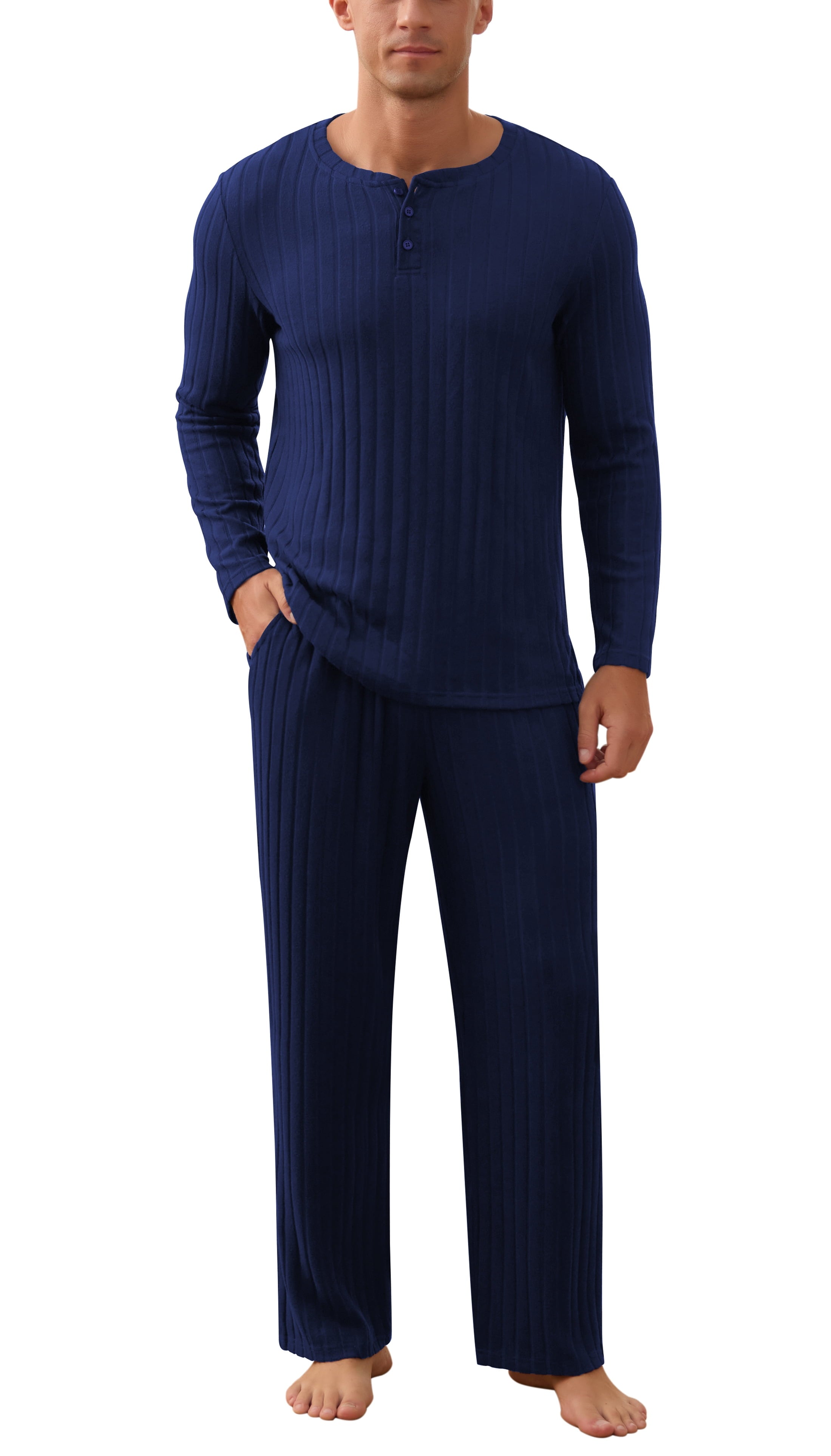 QDG Men's Pajama Set Soft Henley Neck Long Sleeve Top and Pants Brushed Ribbed Lounge Sleep Sets