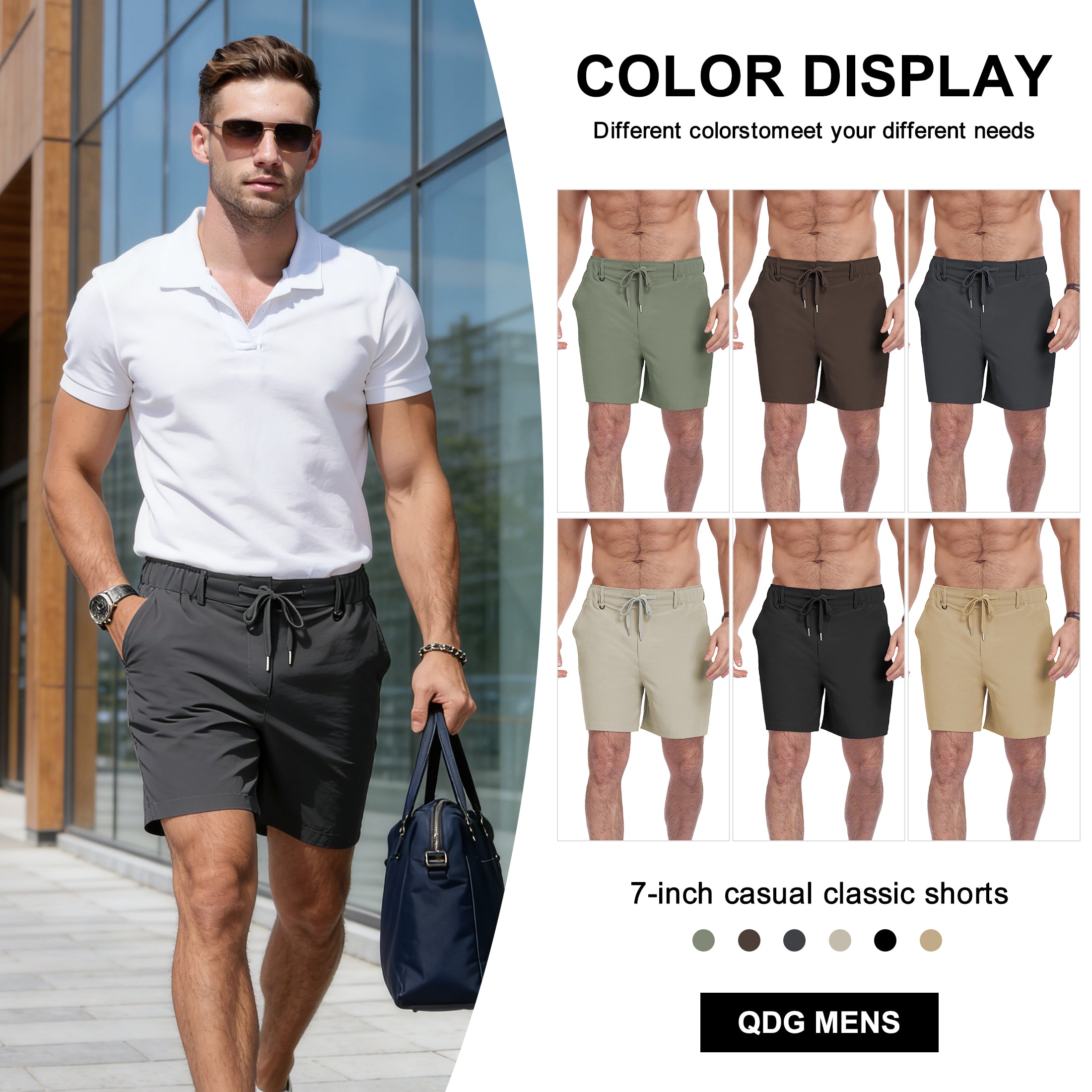 QDG Men's 7'' Casual Classic Shorts Adjustable Drawstring Waist Comfortable Fit for Daily Wear