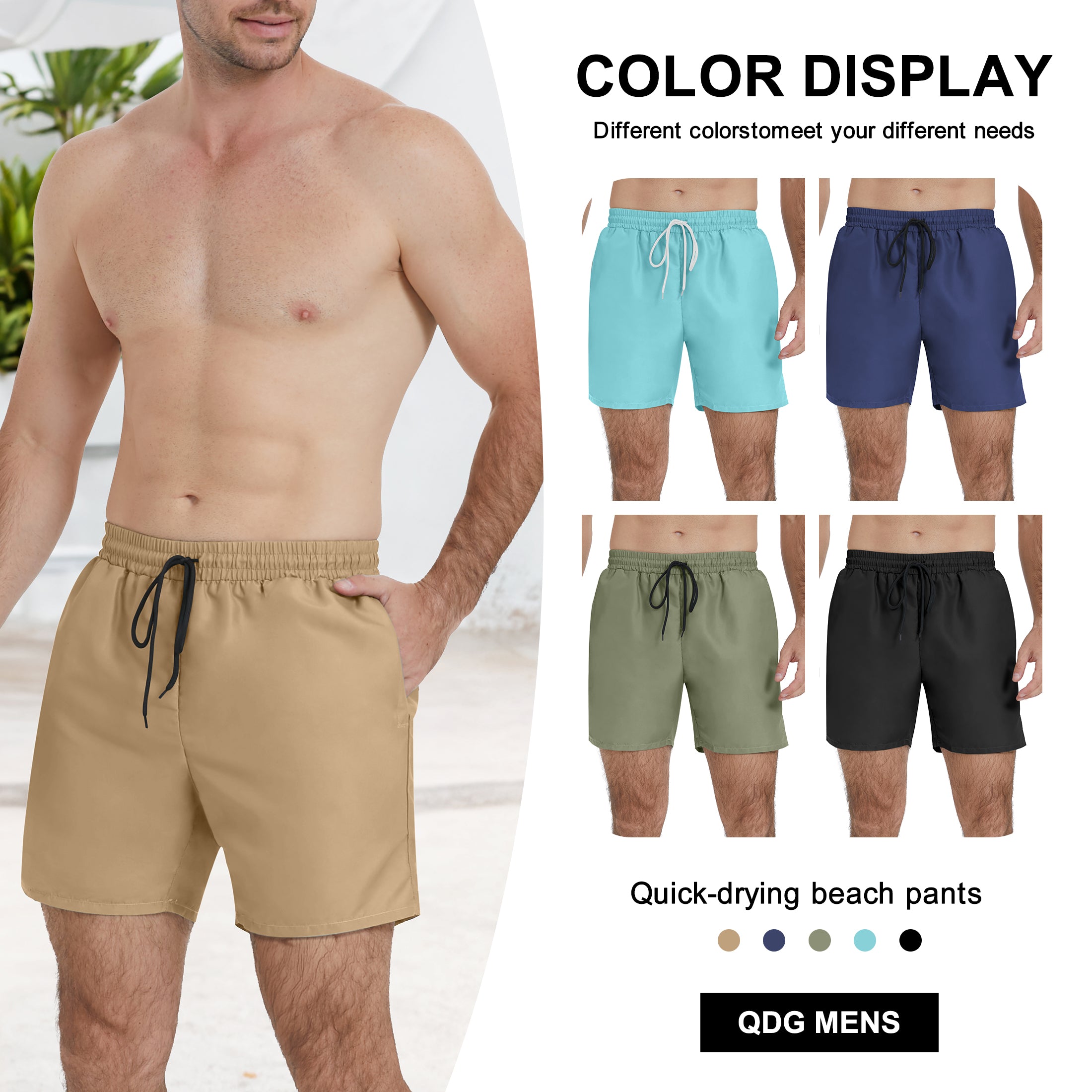 QDG Men's Quick Dry Swim Trunks Beach Board Shorts with Adjustable Drawstring Waist
