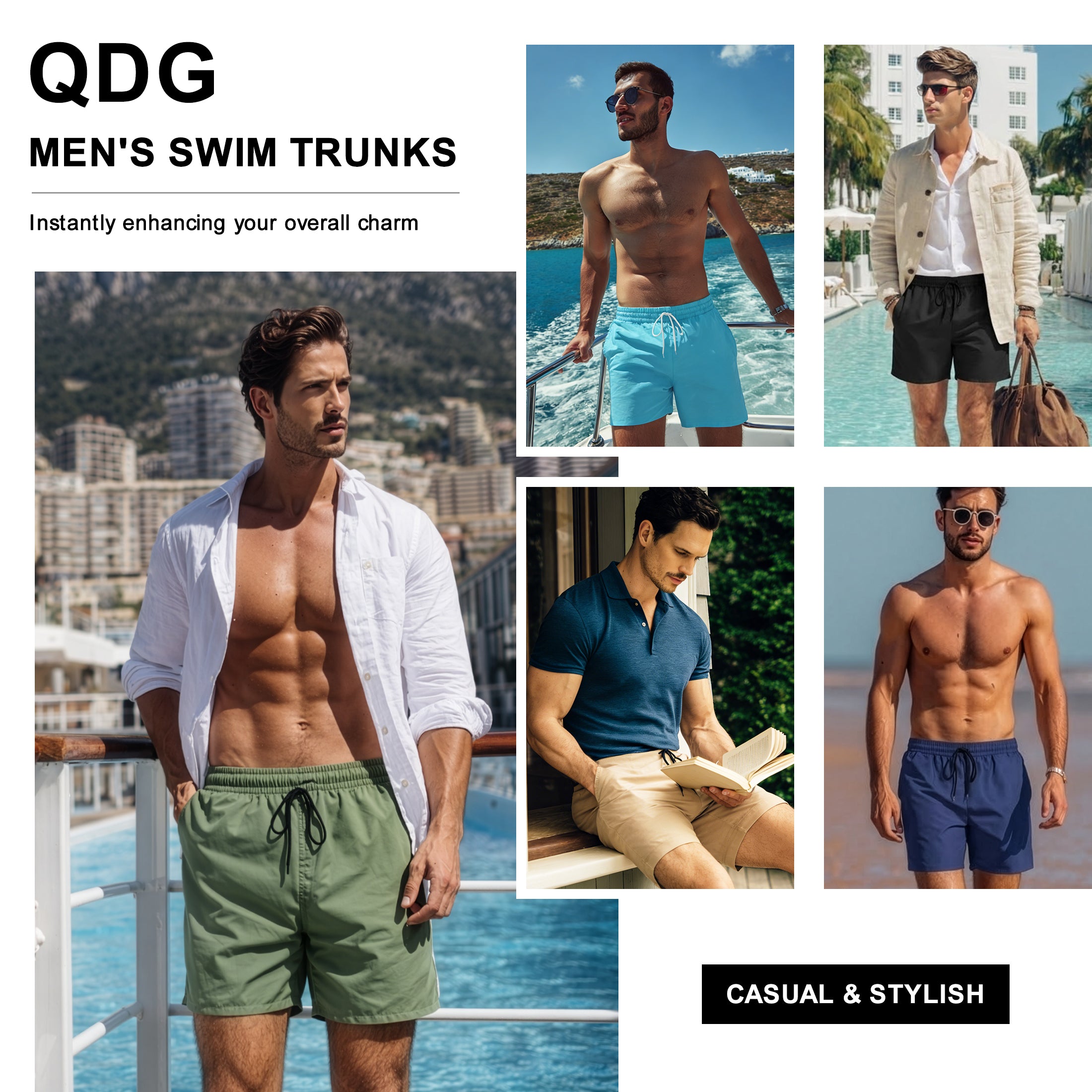 QDG Men's Quick Dry Swim Trunks Beach Board Shorts with Adjustable Drawstring Waist