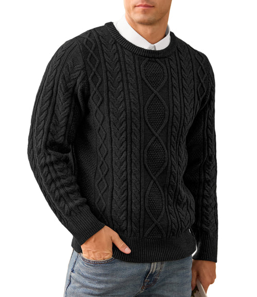 QDG Men's Cable Knit Pullover Sweater Casual Crewneck Long Sleeve Knitted Sweater