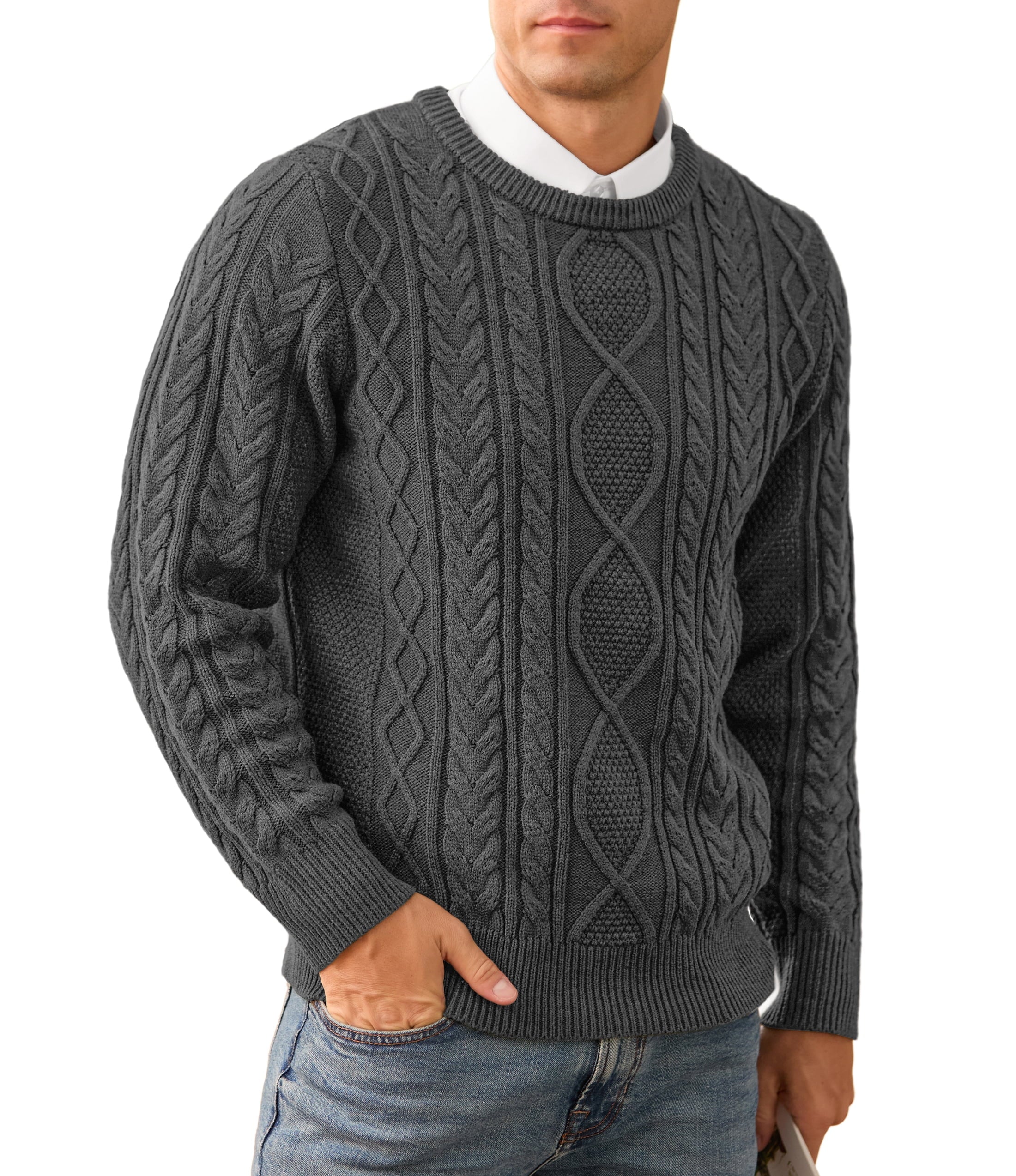 QDG Men's Cable Knit Pullover Sweater Casual Crewneck Long Sleeve Knitted Sweater