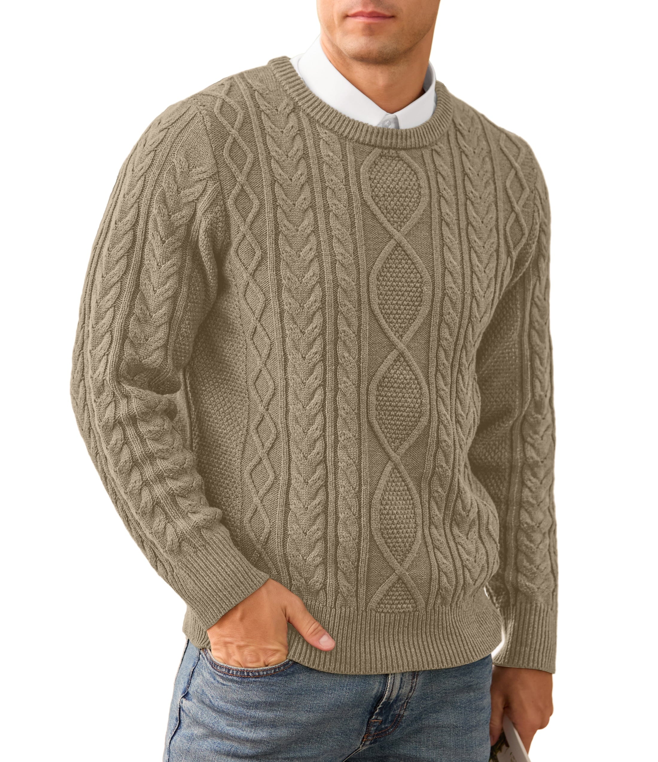 QDG Men's Cable Knit Pullover Sweater Casual Crewneck Long Sleeve Knitted Sweater