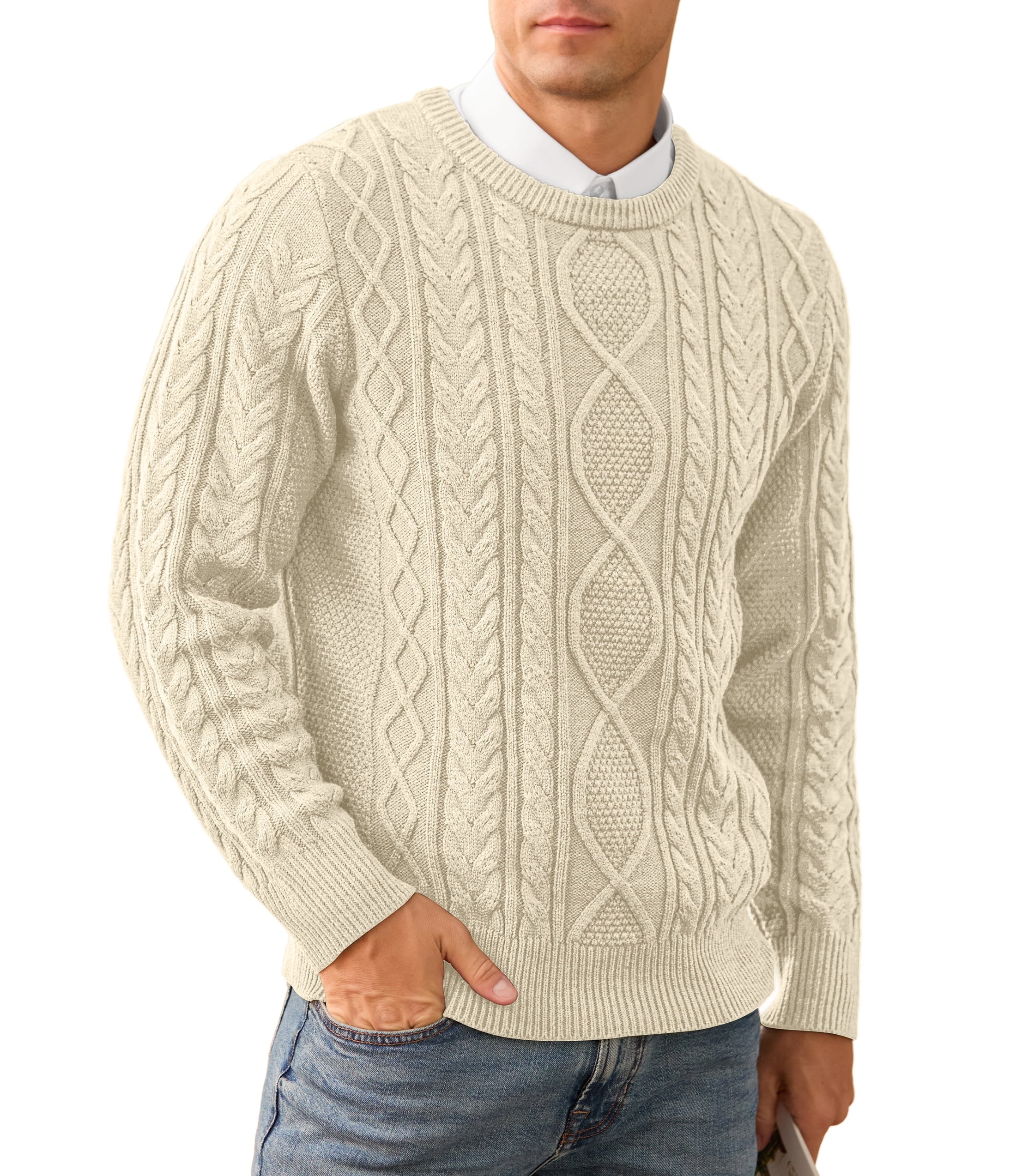 QDG Men's Cable Knit Pullover Sweater Casual Crewneck Long Sleeve Knitted Sweater