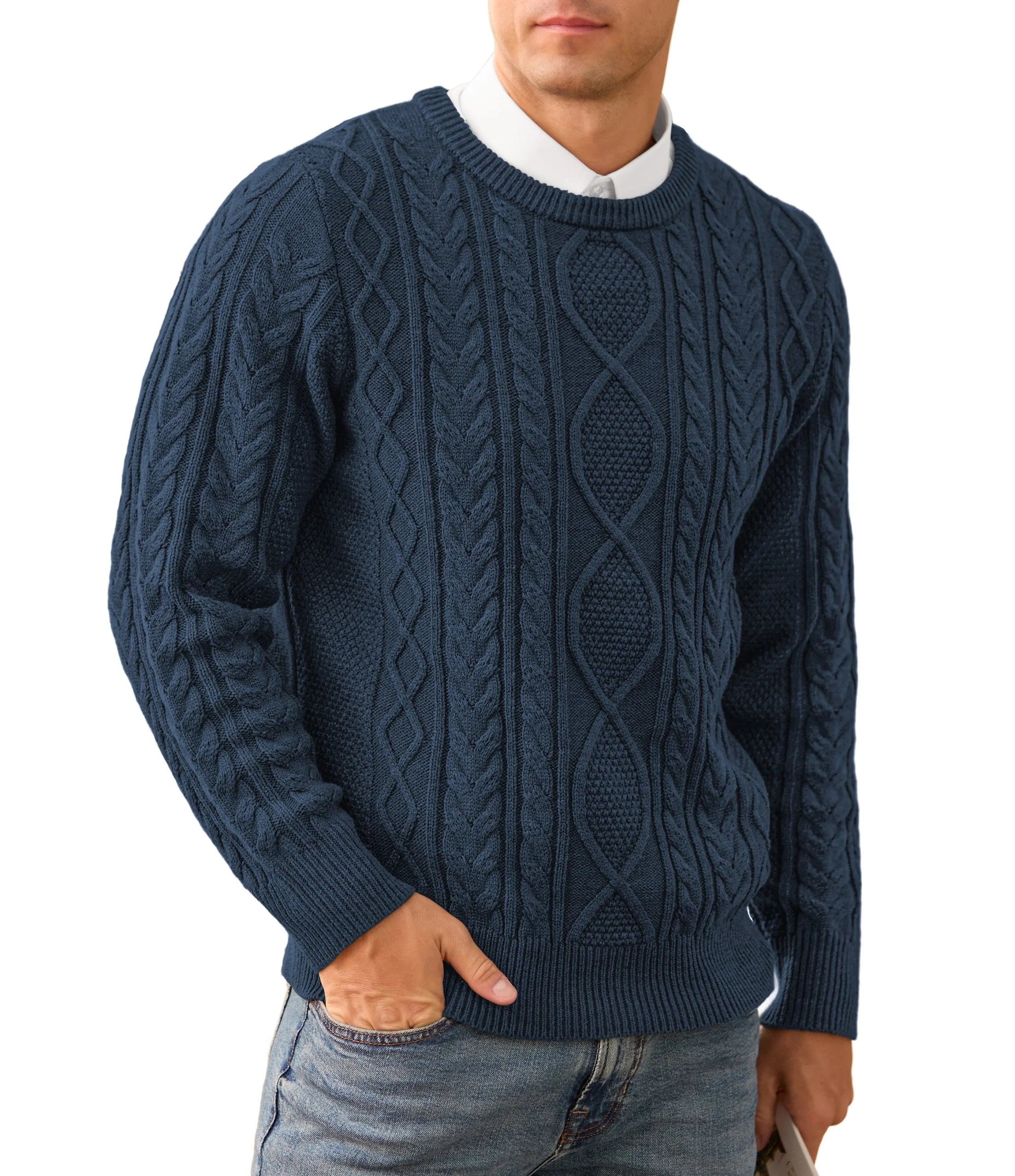 QDG Men's Cable Knit Pullover Sweater Casual Crewneck Long Sleeve Knitted Sweater