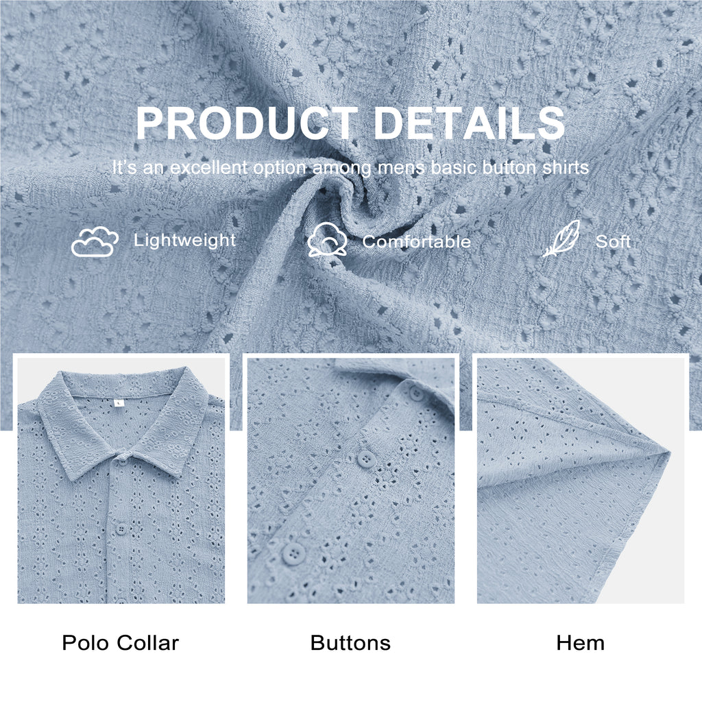 QDG Men's Short Sleeve Button-Up Shirt Cuban Collar Hollow Out Texture Casual Summer Beach Vacation Shirt