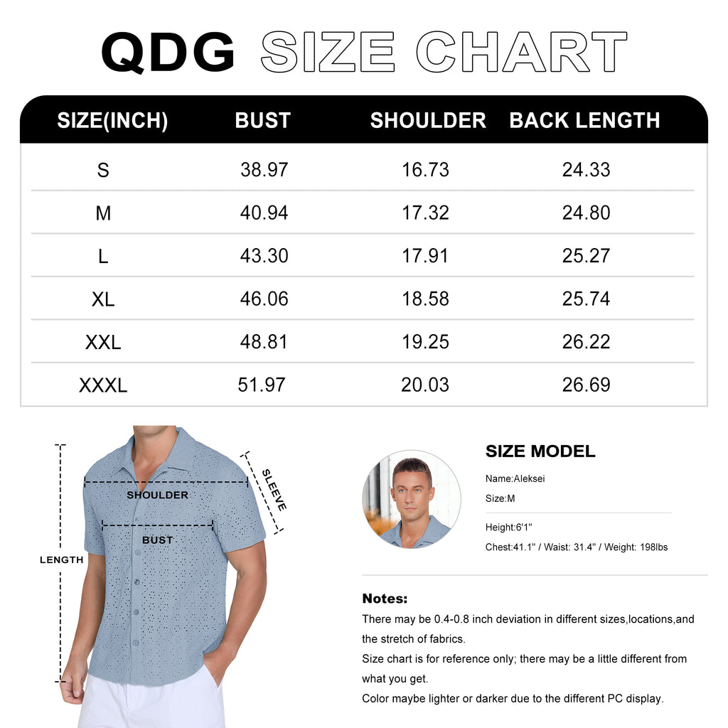 QDG Men's Short Sleeve Button-Up Shirt Cuban Collar Hollow Out Texture Casual Summer Beach Vacation Shirt